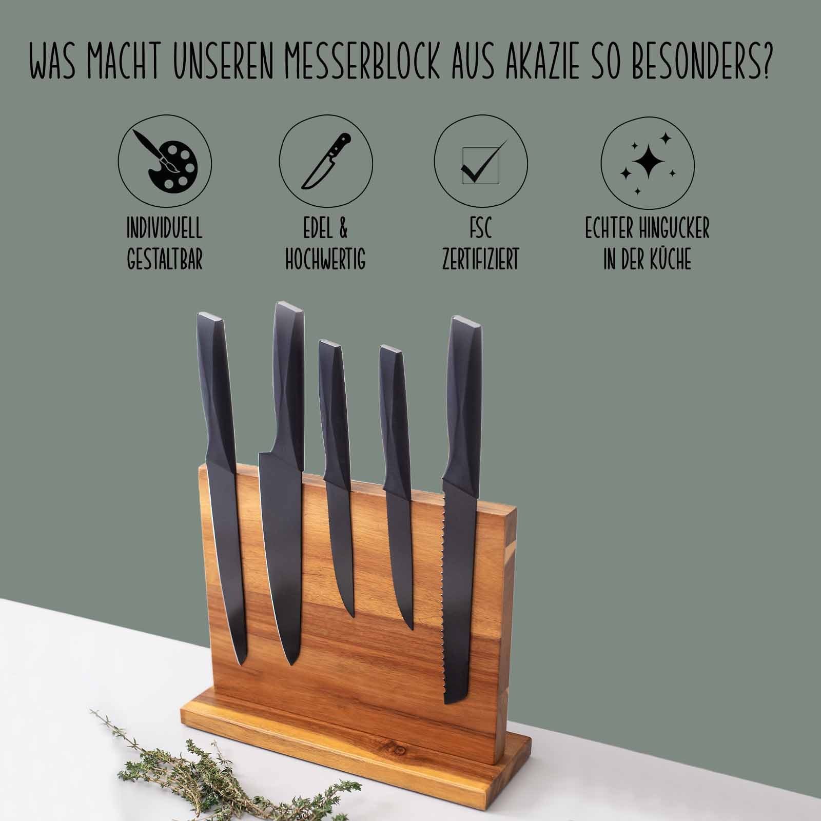 hellomini Magnet-Messerblock Messerblock Akazie magnetisch für bis zu 7 Messer Ohne Motiv (1tlg), Starker Magnet, Akazienholz, Individuelles Design, Stabil