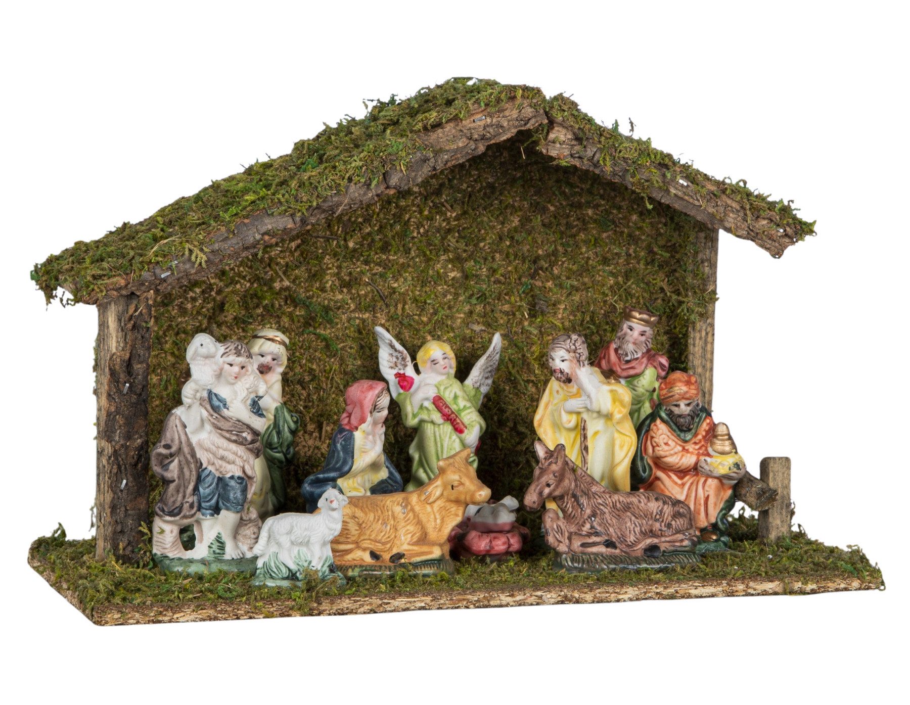 Dekoleidenschaft Krippe aus Holz, Weihnachtskrippe, Holzkrippe mit Moos + 11 Krippenfiguren, aus Porzellan, Weihnachtsfiguren, Weihnachtsdeko
