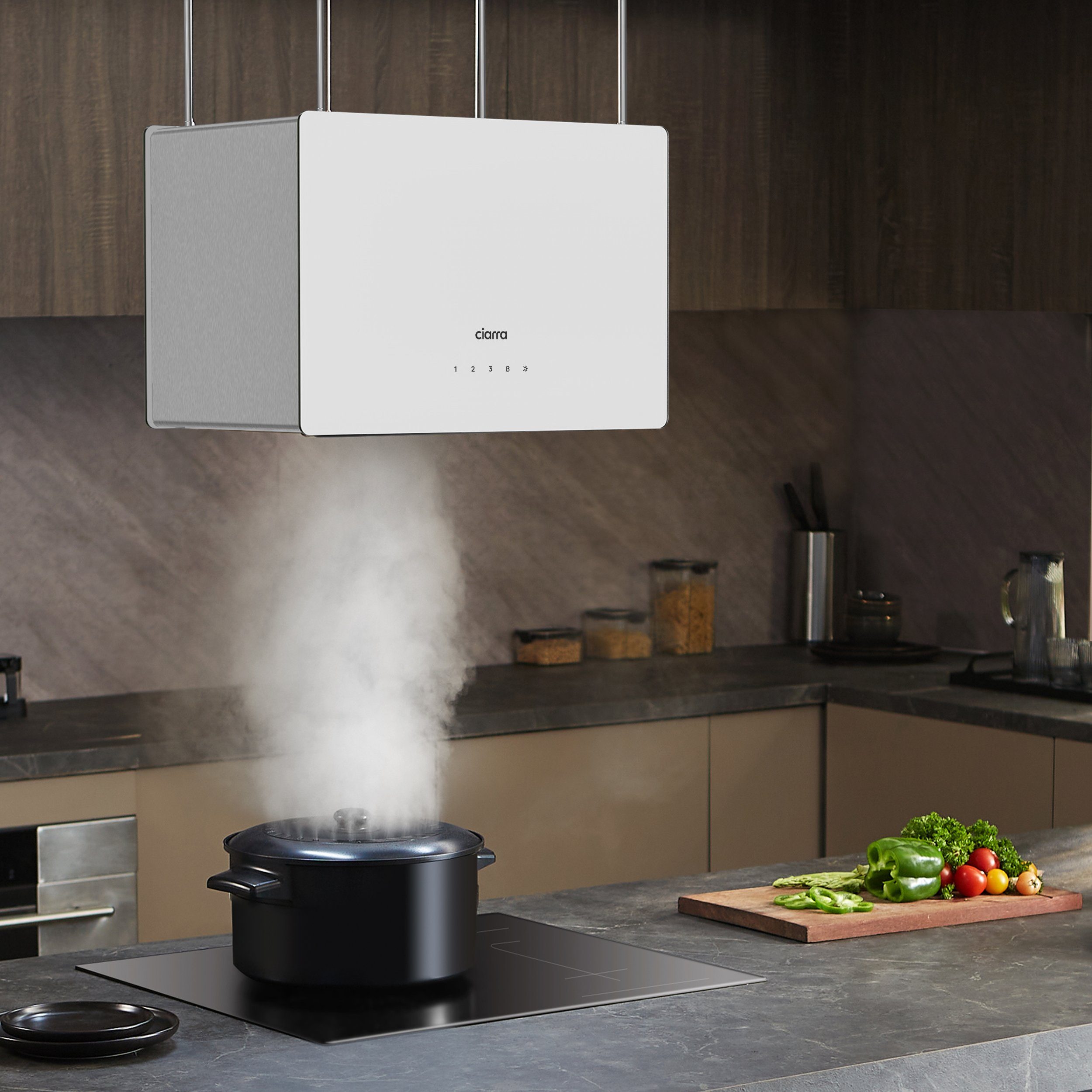 CIARRA Inselhaube 48 cm A+++ 700 m³/h leise Dunstabzugshaube freihängend Umluft CBCS4850 48 cm A+++ 700 m³/h leise Dunstabzugshaube freihängend Umluft CBCS4850, WIFI-APP Touch Control Inkl. BOOST 4 Stufen mit Kohlefilter & LED