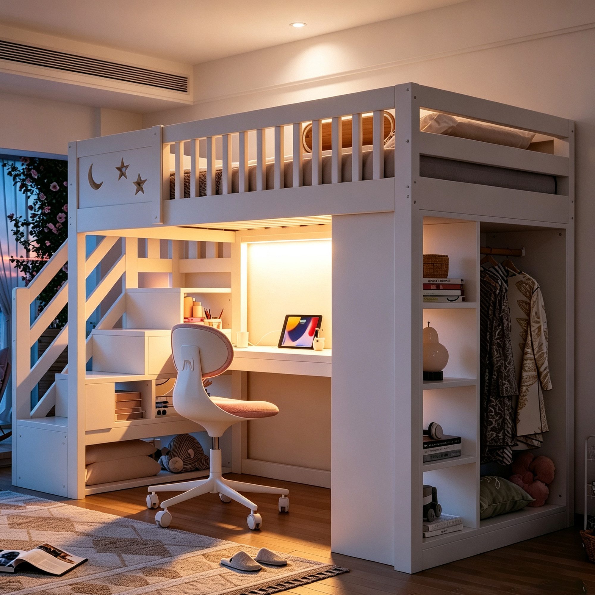 i@home Hochbett Aus Holz-Hochbett,Multifunktionsbett,Loft-Bett,mit Stauraum,90x200cm mit Schreibtisch,LED-Beleuchtung,Steckdose,Kleiderschrank,Weiß