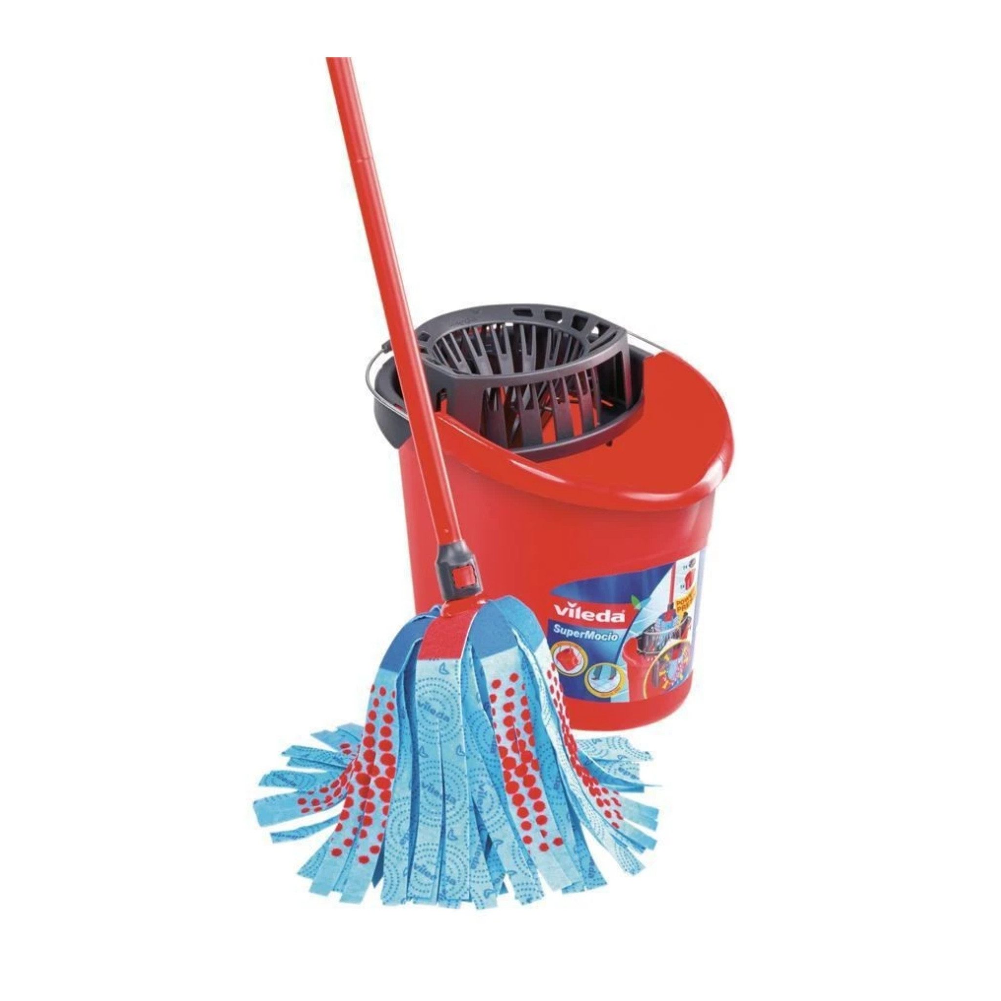 Vileda Reinigungs-Set SuperMocio 3 Action Komplett Set Wischmop mit Eimer, (Wischmop-Set von Vileda, 2-St., Komplett-Set Wischmop, Stiel und Eimer Auswringfunktion), 3-Action-Fasern, hohe Schmutzaufnahme, integrierte Auswringfunktion