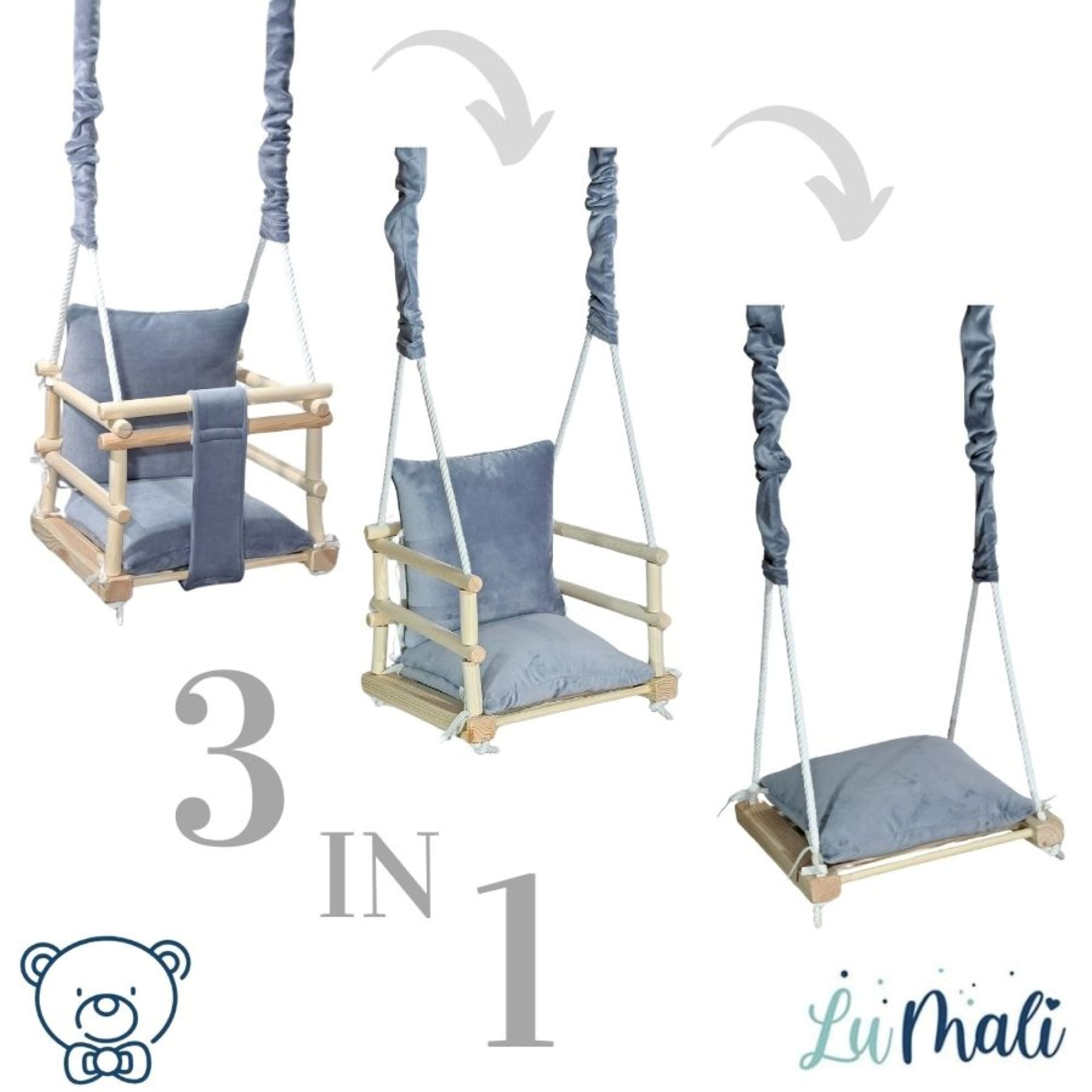 LuMali Babyschaukel Babyschaukel 3in1 Holz Sicherheitsgurt drinnen draußen 34x34x28cm, Kinderschaukel Naturholz Kiefer weich verstellbar 6-36 Monate