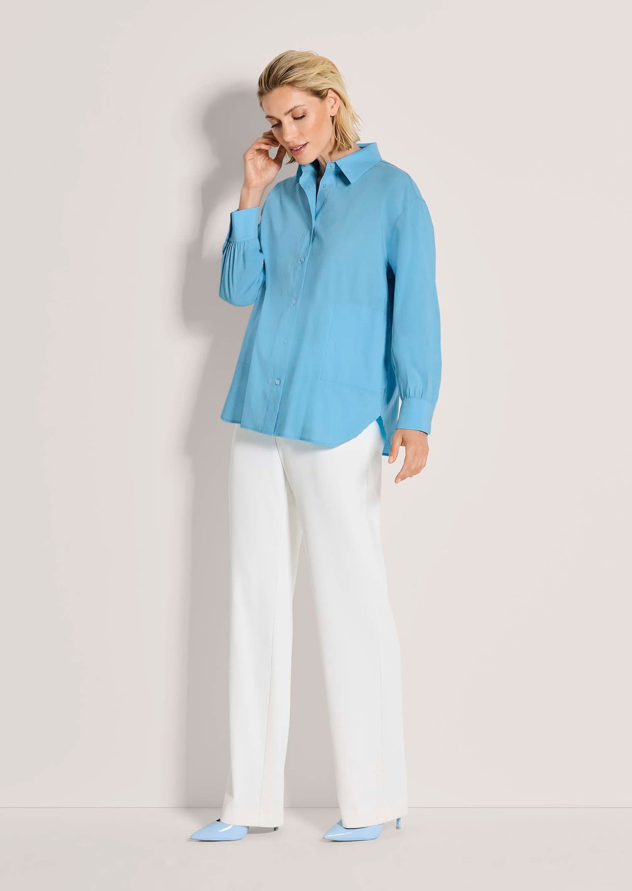 MADELEINE Hemdbluse Baumwollbluse mit Paspeltaschen Jerseybluse mit Hemdkragen, Knopfleiste und Langarm
