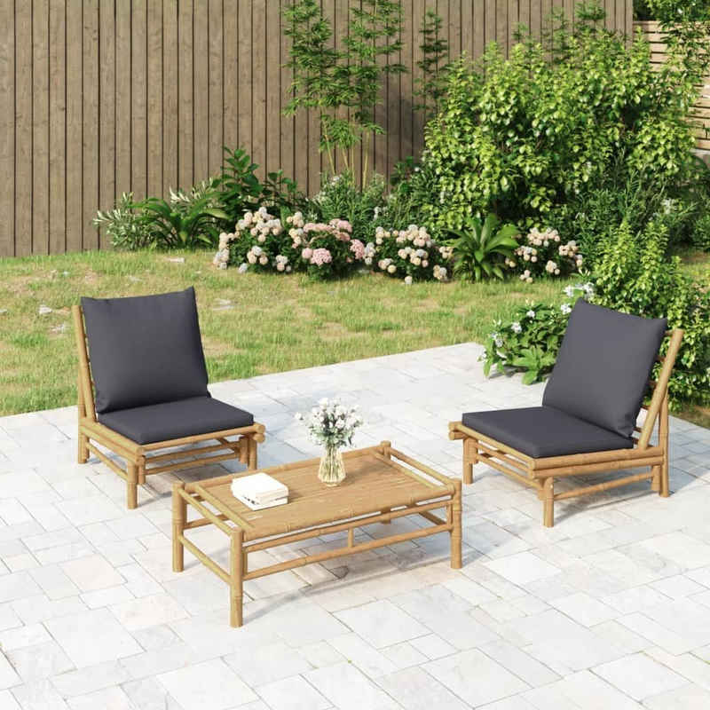 vidaXL Gartenlounge-Set 3-tlg. Garten-Lounge-Set mit Dunkelgrauen Kissen Bambus, (1-tlg)