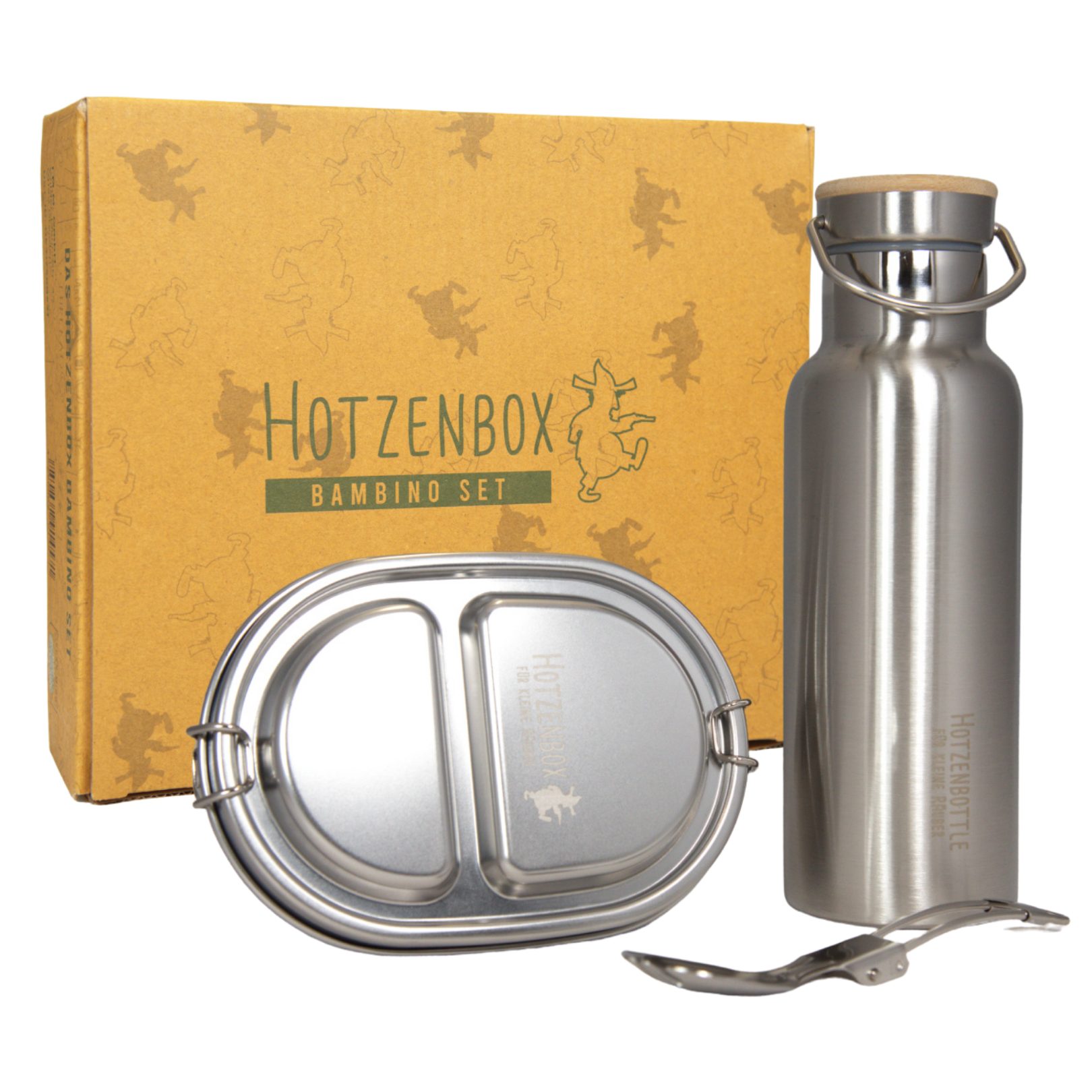 Lunchbox Bambino Brotdosen Set mit Thermosflasche Edelstahl, Premium, Mini 500ml, Trenner, Auslaufsicher 2 Fächer/plastikfrei nachhaltig, Hotzenbottle, Lunchbox Brotbox Vesperdose Pausenbrot Brotzeitbox
