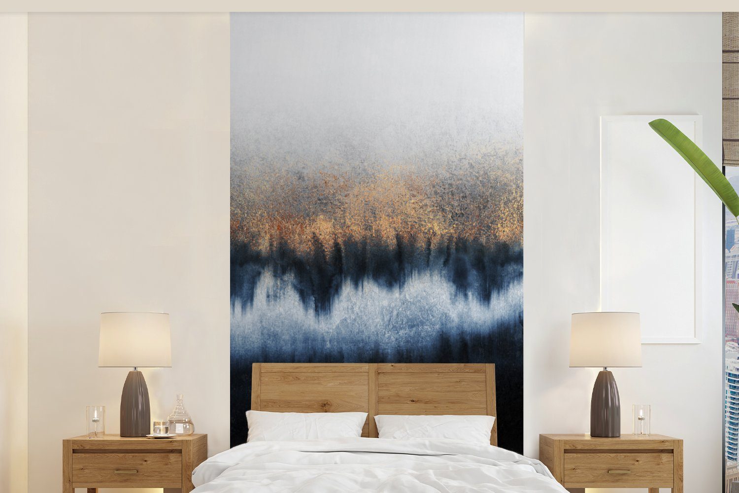 St), bedruckt, - Blau, Gold Matt, Schlafzimmer Fototapete (2 Abstrakt - Küche, Vliestapete Fototapete für MuchoWow - Luxus Wohnzimmer