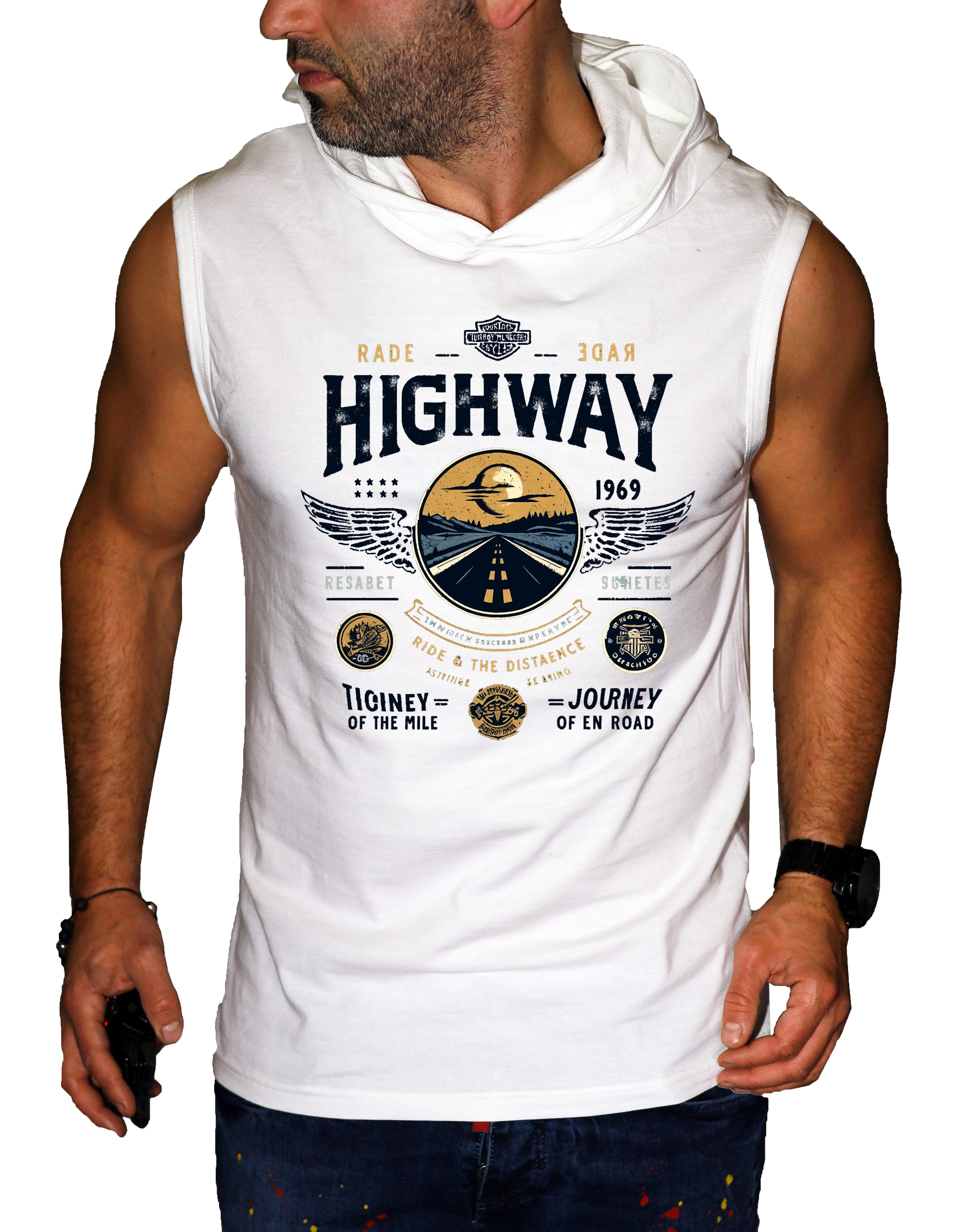 RMK Tanktop Herren Shirt Muskelshirt Gym Ärmellos mit Highway Motorrad aus Baumwolle