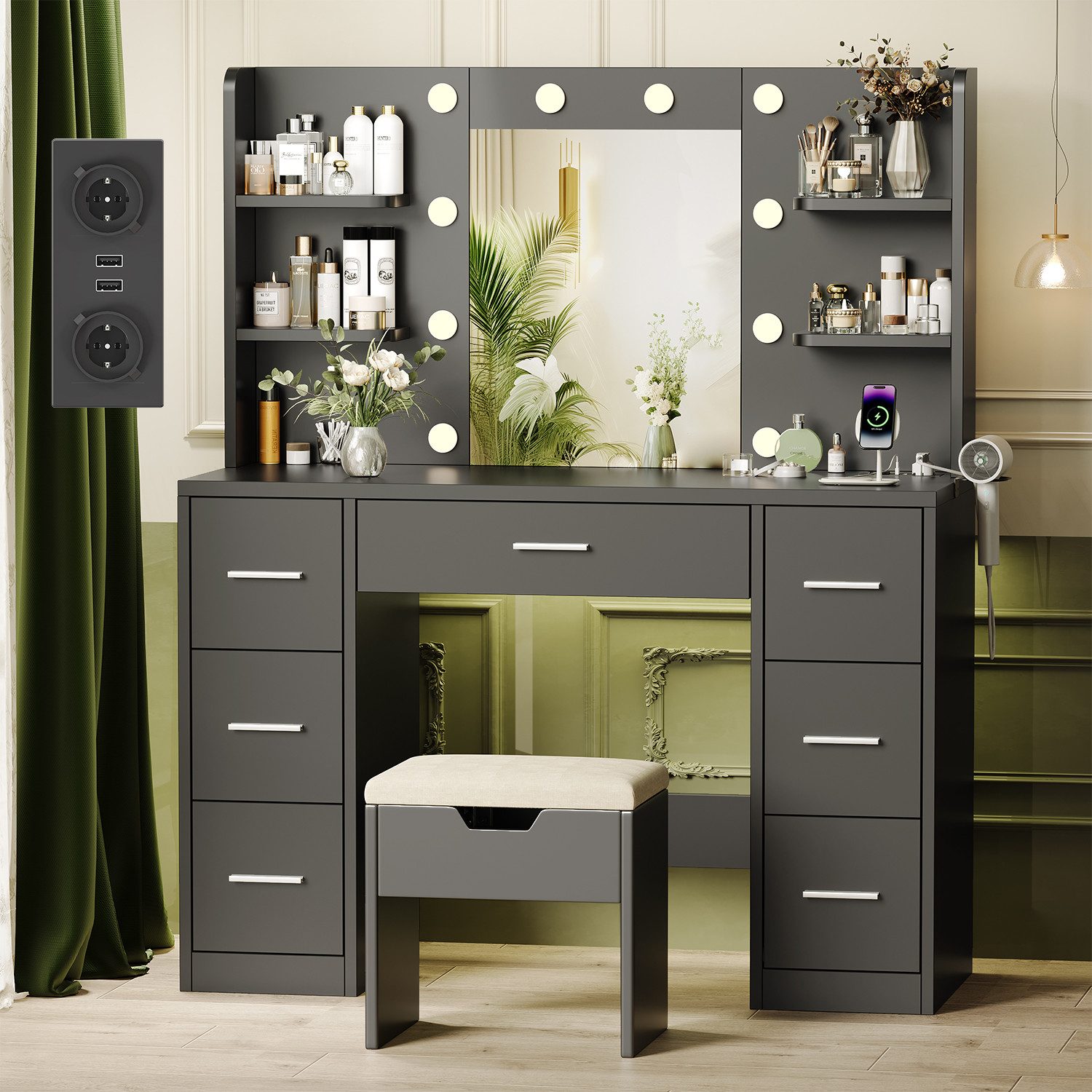 Furnicopia Schminktisch 110*40*137CM Frisiertisch mit 2 SUB 2 Steckdosen (M günstig online kaufen