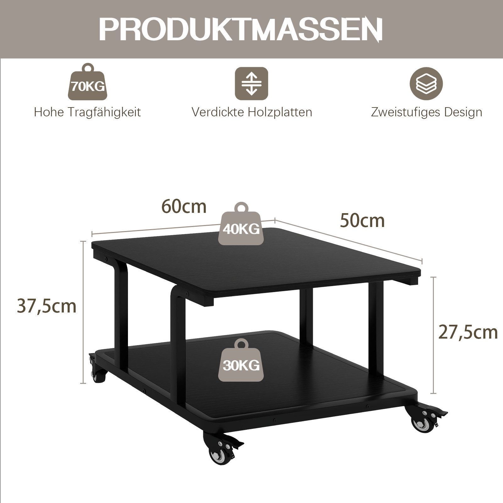 PUNCIA Druckertisch mit 2 Ebenen, Druckerständer mit Rollen & Bremsen (1-St), mobiler Druckerwagen, 60 x 50 x 37,5cm