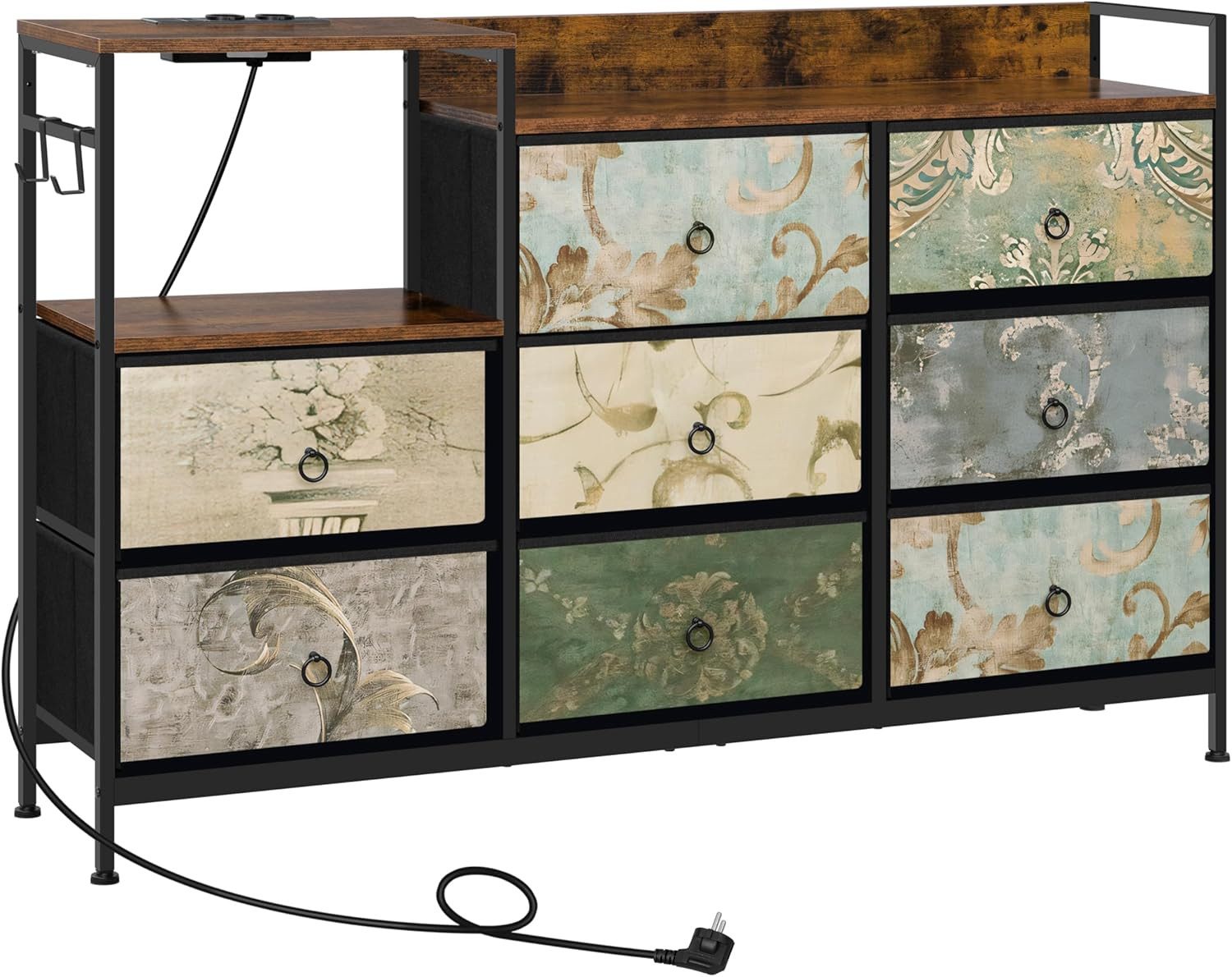 Woltu Kommode (1 St), mit 8 Schubladen Steckdosen, Metallrahmen Holzwerkstoff