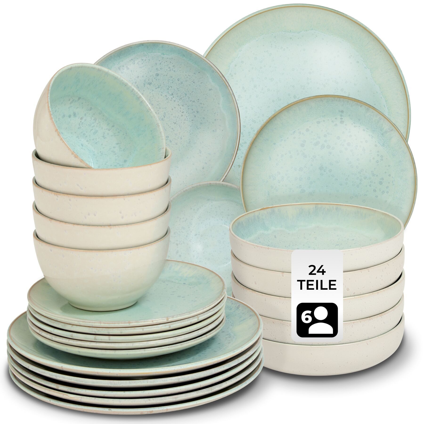 tectake Geschirr-Set Tafelservice (24-tlg), 6 Personen, Steingut, für 6 Personen, handgefertigt