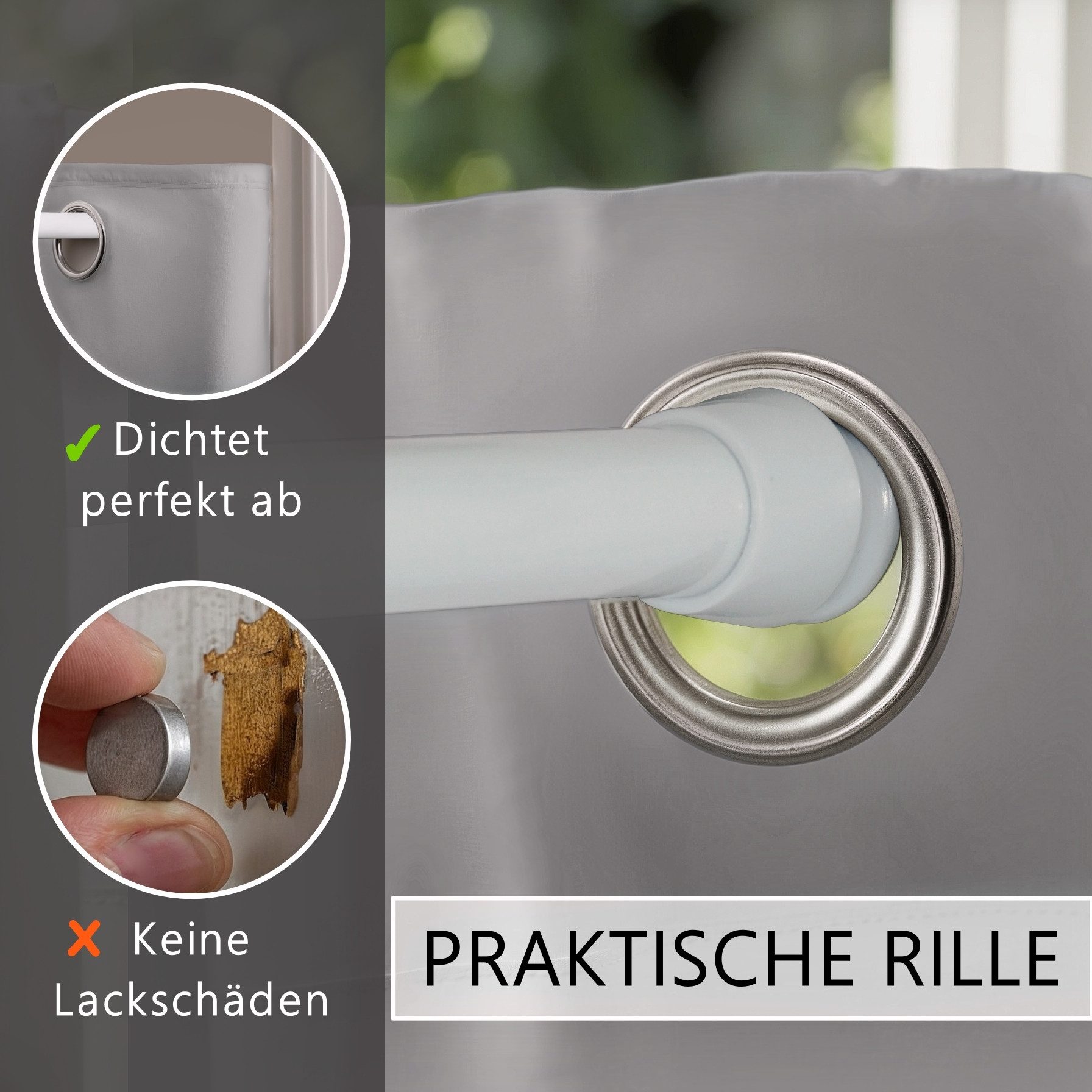 tinycurtains Türvorhang mit Stange weiß 70-120 cm Thermo Vorhang ohne Bohren, blickdicht, Ösen, verdunkelnd, Polyester, hellgrau Moonlight, Türgardine mit Klemm – Bild 5 von 5