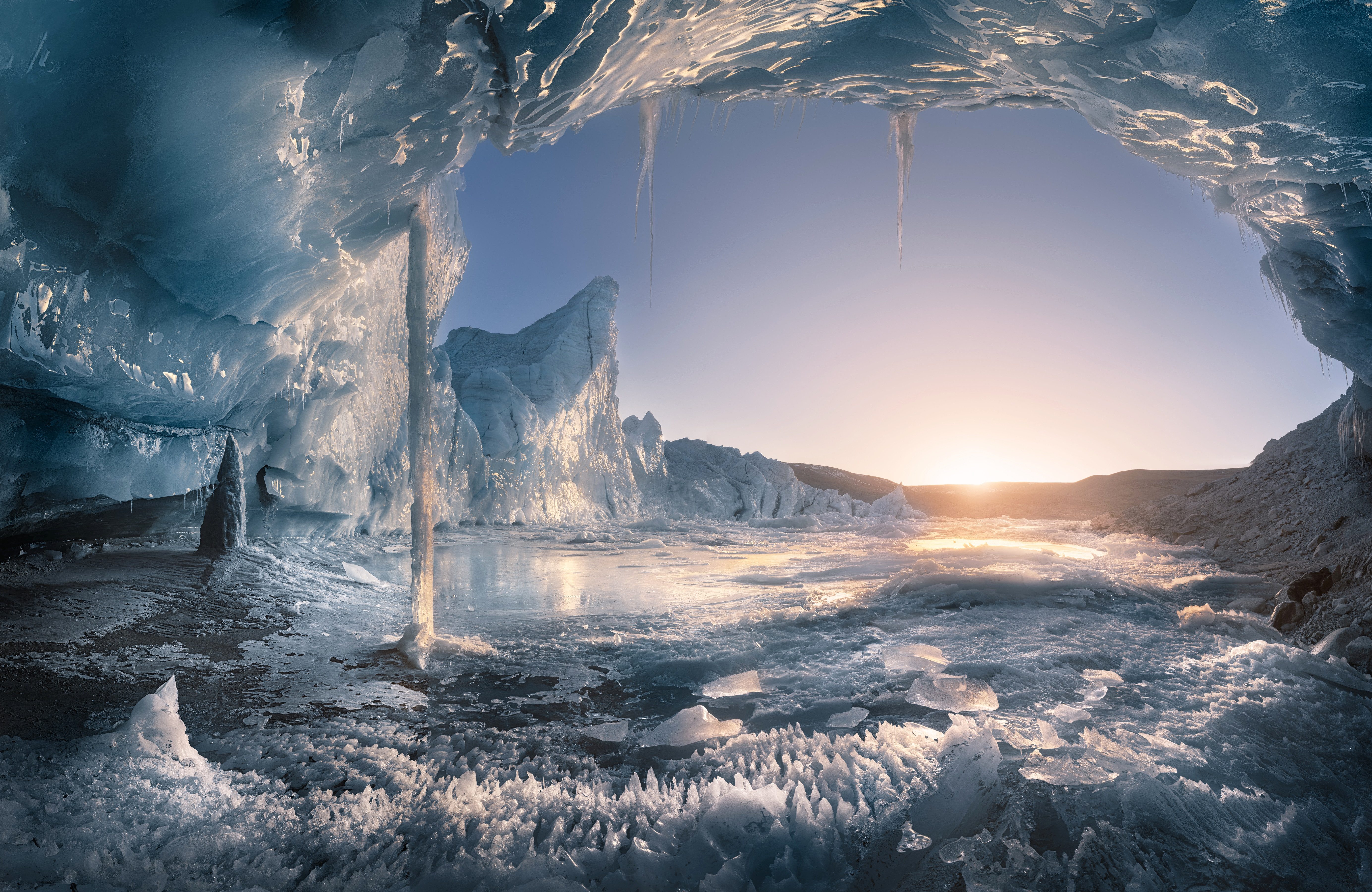Papermoon Fototapete VLIES-Tapete Premium Natur Eis Sonnenuntergang Höhle Himmel, Kleister KOSTENLOS, reduziert, 3D-Effekt, restlos trocken abziehbar, (komplett Set inkl. Tapetenkleister, 8313), Wandtapete Bild Dekoration Wand-Dekor Motiv Tapete Poster