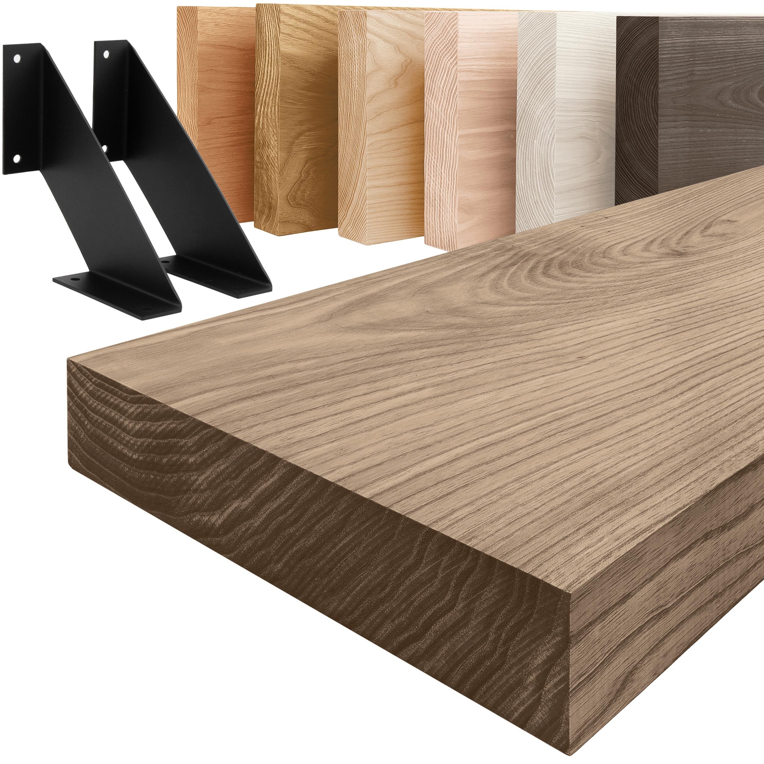 LAMO Manufaktur Wandregal Holz Gerade Regal Farbe: Nussbaum mit schwarzem Vintage 40 cm, Komplett-Set, 40mm stake Massivholzplatte