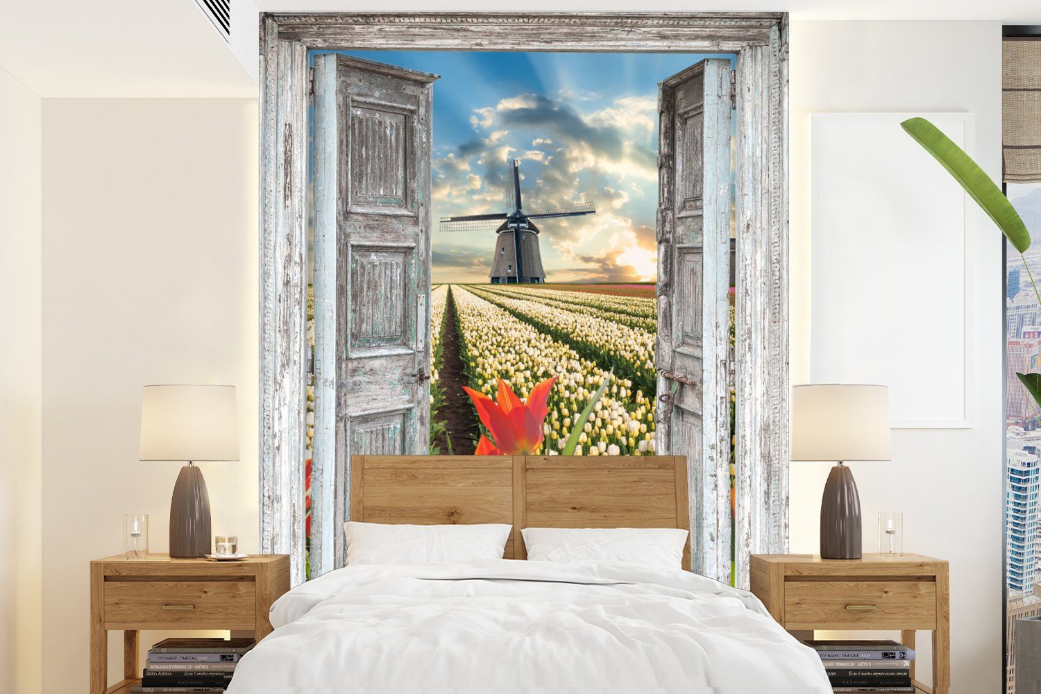 MuchoWow Fototapete Blumen - Mühle - Frühling - Ausblick, Matt, bedruckt, (4 St), Montagefertig Vinyl Tapete für Wohnzimmer, Wandtapete