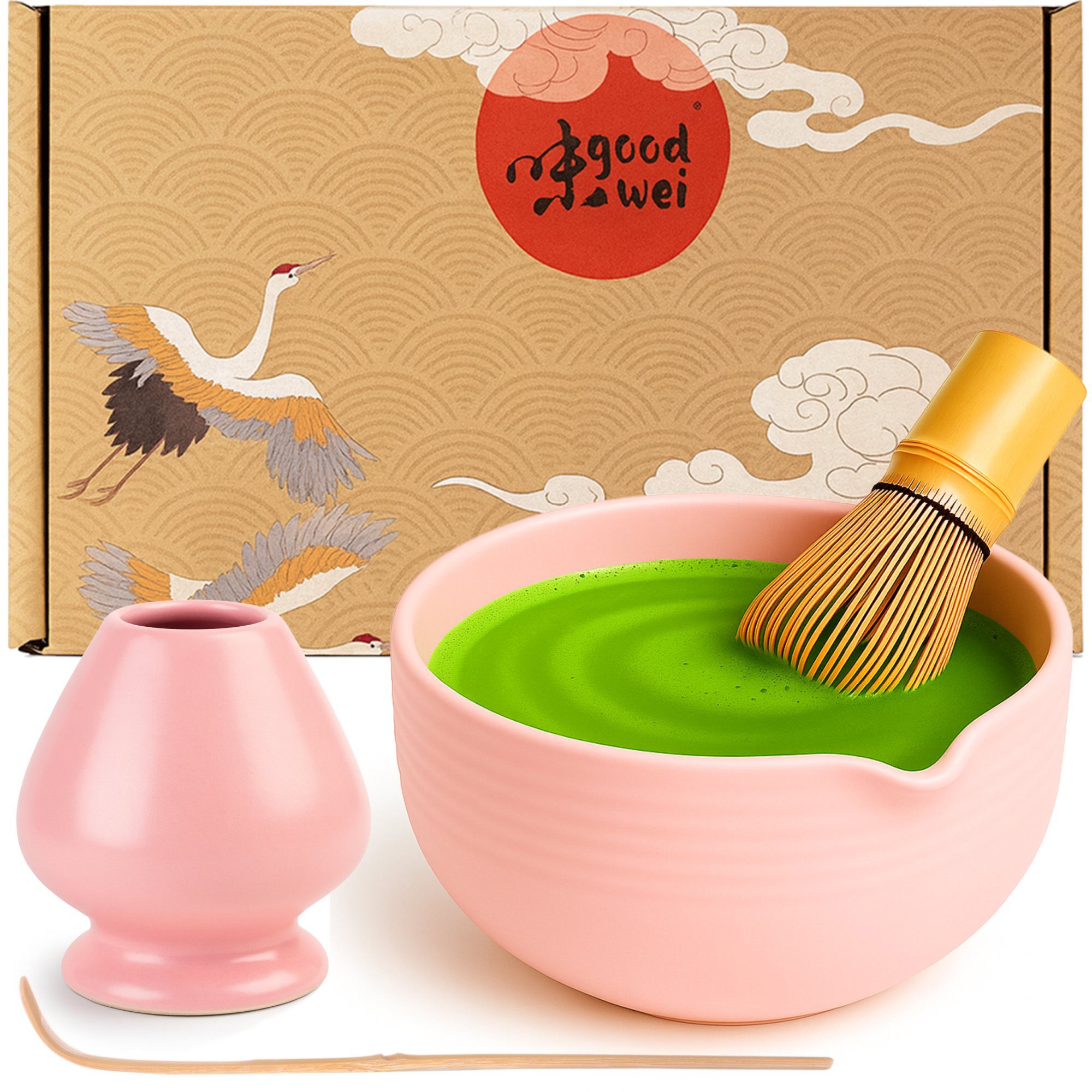 Goodwei Teeschale Matcha Tee Set "Camellia Pink" Schale mit Ausgießer, Besen und Halter, 4-tlg., Keramik