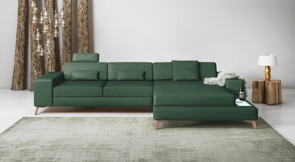 BULLHOFF Ecksofa Ledersofa Ecksofa Designsofa Couch L-Form LED Sofa grün  MÜNCHEN III