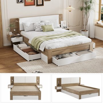 REDOM Holzbett mit 2 LED Nachtkommoden, Paneelbett mit mehreren Schubladen (mit 2 Nachttisch, aufklappbarer Ablage 140x200cm), ohne Matratze