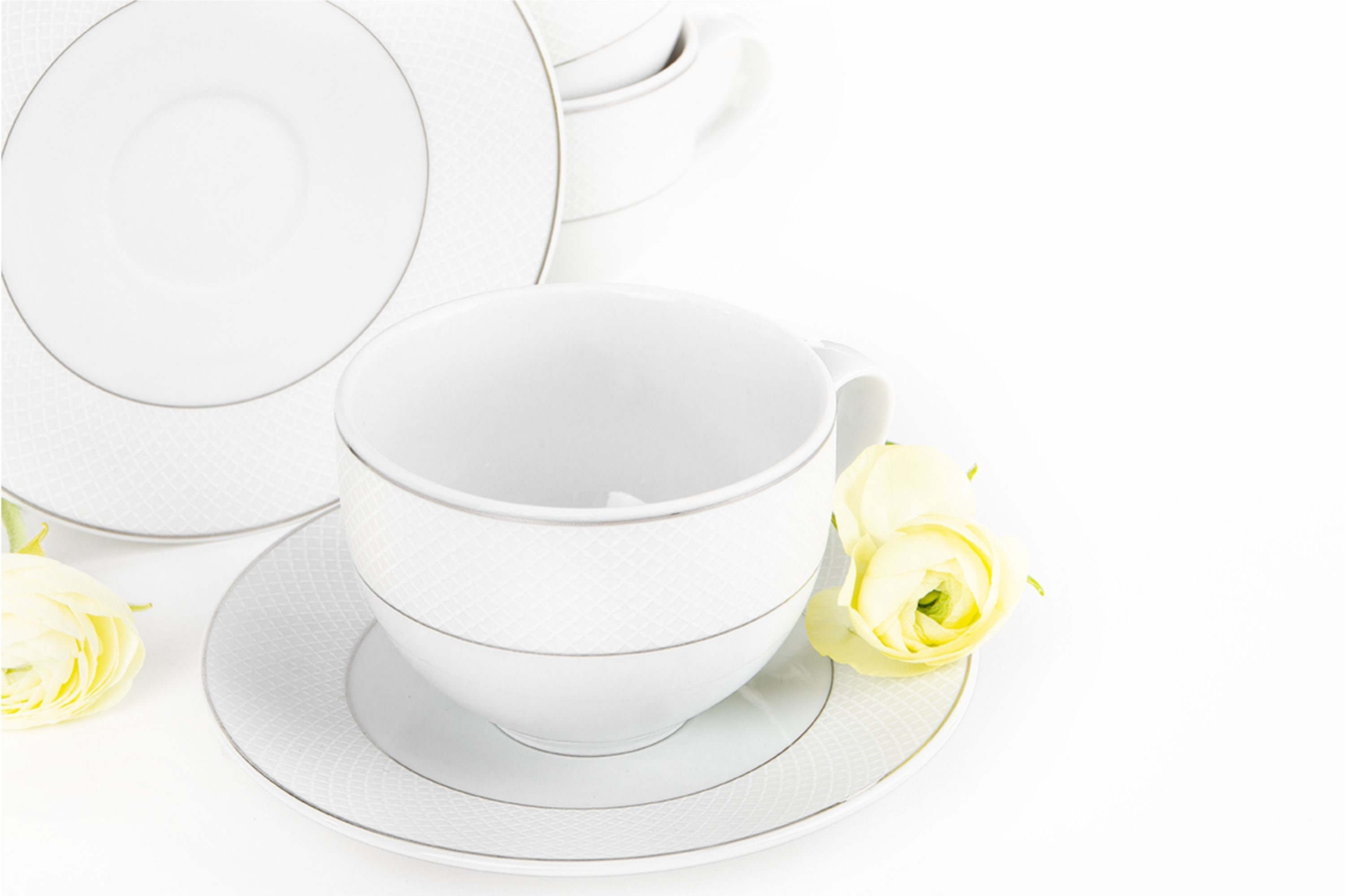 KONSIMO® Kaffeeservice AMELIA Tasse & Untertasse (12-tlg), 6 Personen, Porzellan, Klassisch-Stil