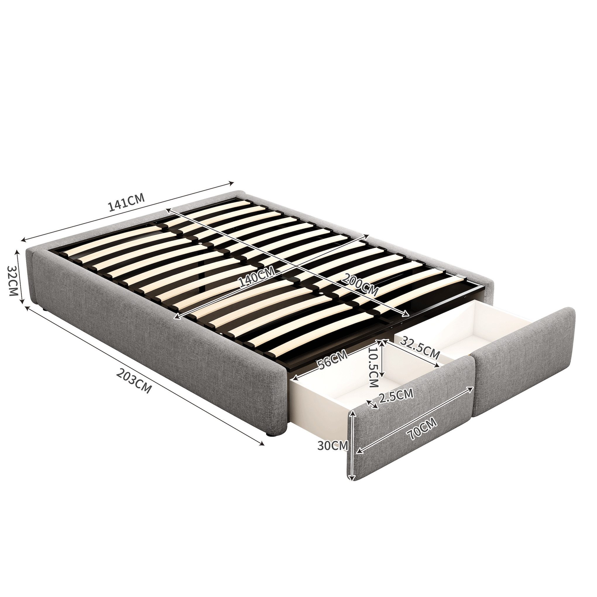 SOFTWEARY Futonbett mit Bettkasten, Lattenrost und Schubladen (140x200 cm), Bezug aus Leinen – Bild 5 von 5