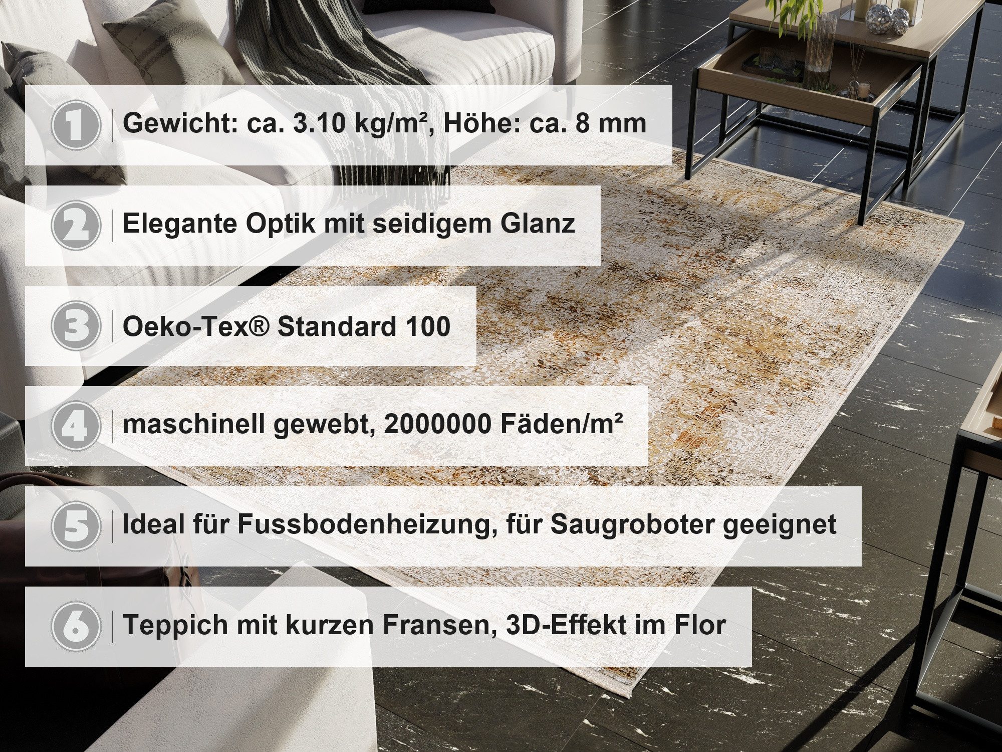 OCI DIE TEPPICHMARKE Teppich BESTELLER CAVA, rechteckig, Höhe: 8 mm, Glanz Viskose, mit Fransen, Hoch Tief Struktur, Vintage, Wohnzimmer