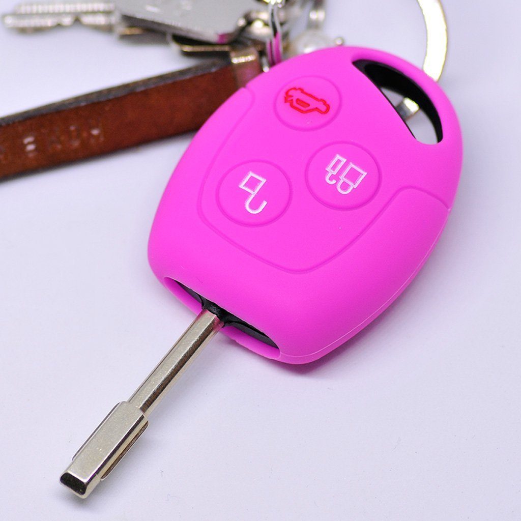 mt-key Schlüsseltasche Autoschlüssel Softcase Silikon Schutzhülle Pink, für Ford Transit Mondeo Focus II Fiesta VI Fusion Galaxy S-MAX 3 Knopf