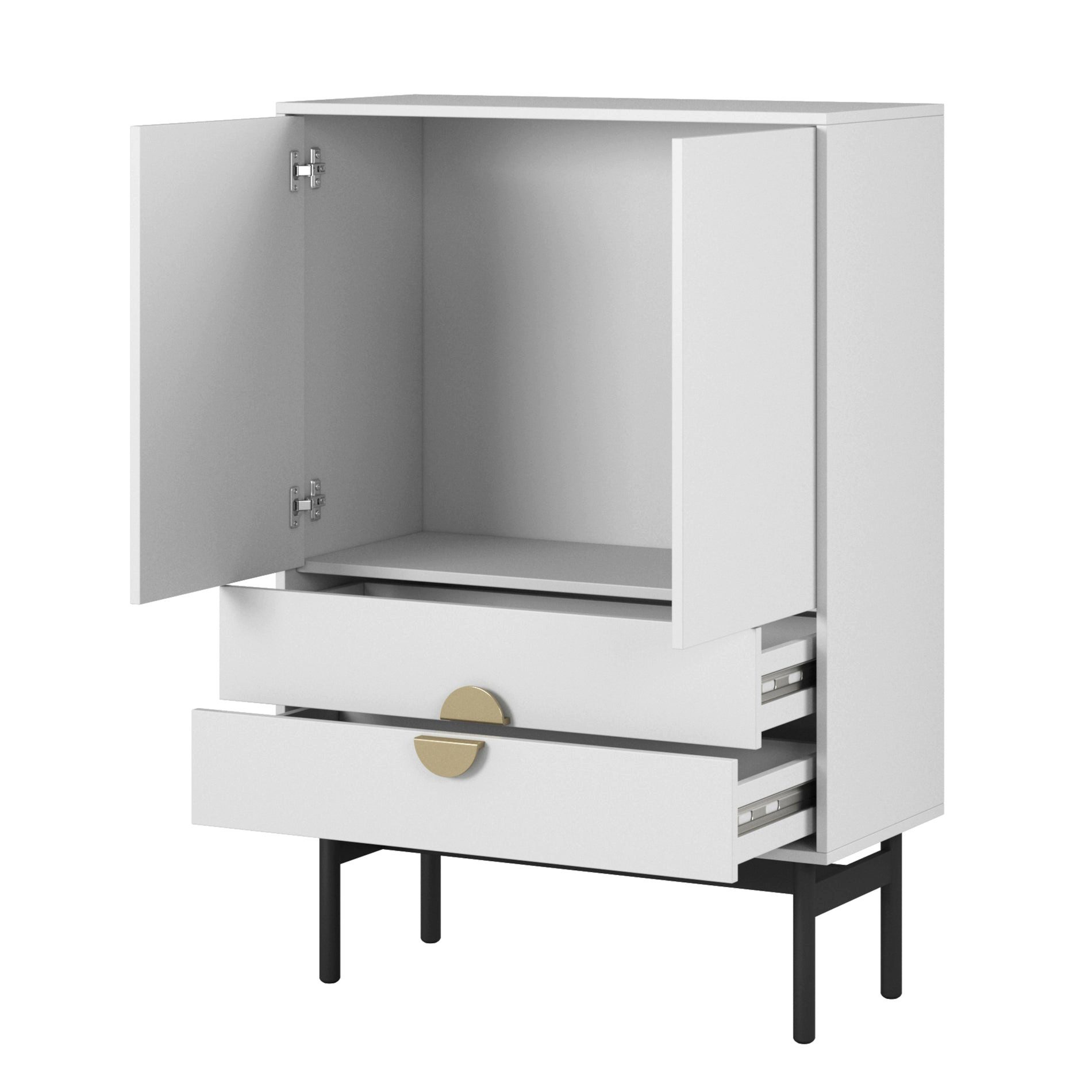 Selsey Sideboard STOON II, Zwei Türen, zwei Schubladen, klassisches Weiß, goldene Griffe.