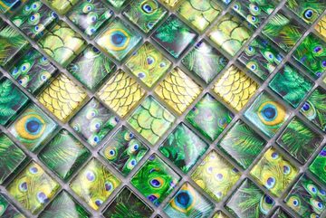 Mosani Mosaikfliesen Glasmosaik Mosaikfliese grün glänzend Pfau