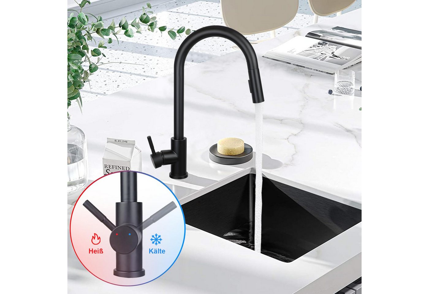 Thumbnail - Nettlife Küchenarmatur Ausziehbar Schwarz Wasserhahn Küche Spültischarmatur mit Brause Edelstahl Mischbatterie Spüle 360...