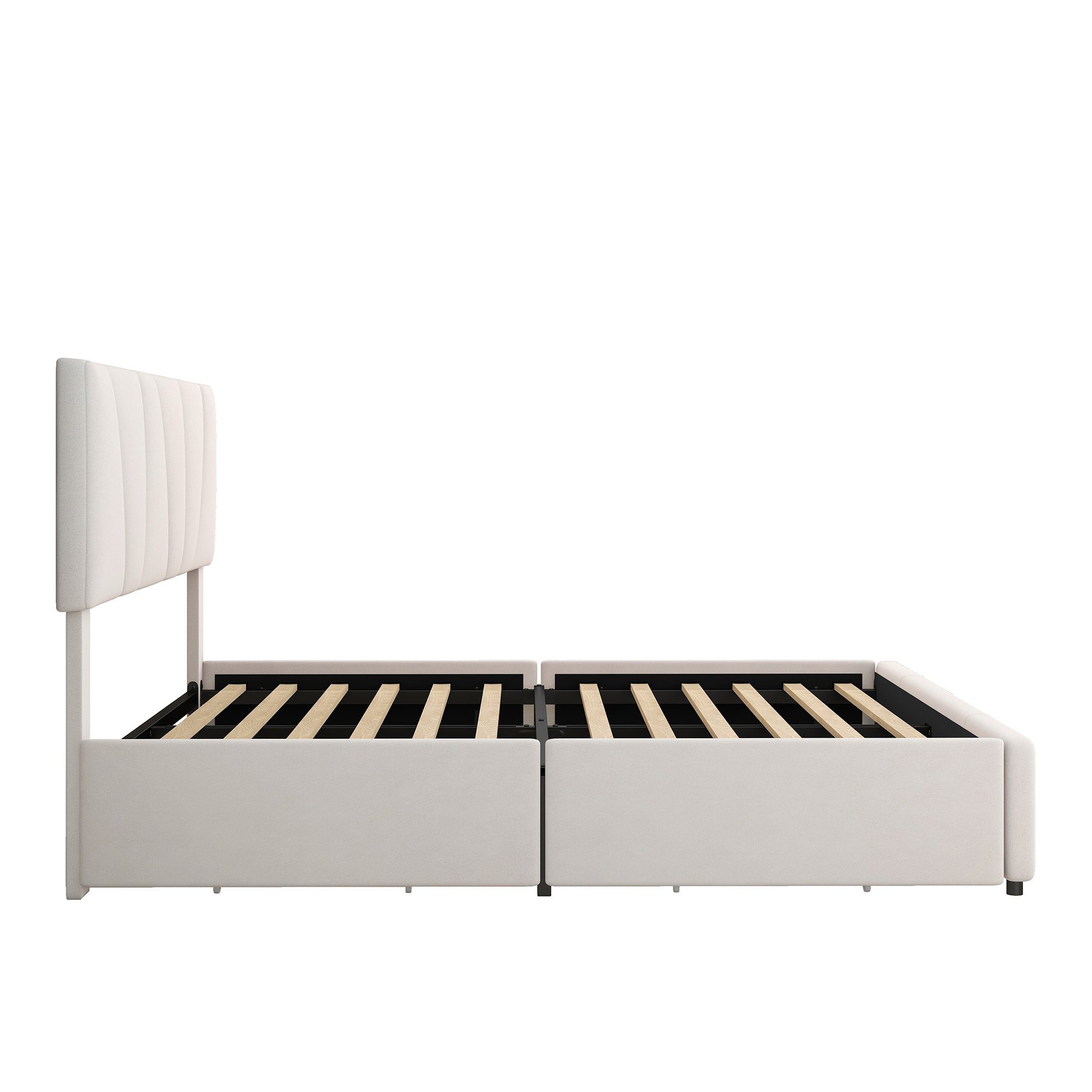 Merax Polsterbett mit höhenverstellbarem Doppelbett Samtbezug Schubladen, vier 160x200cm Beige mit Kopfteil