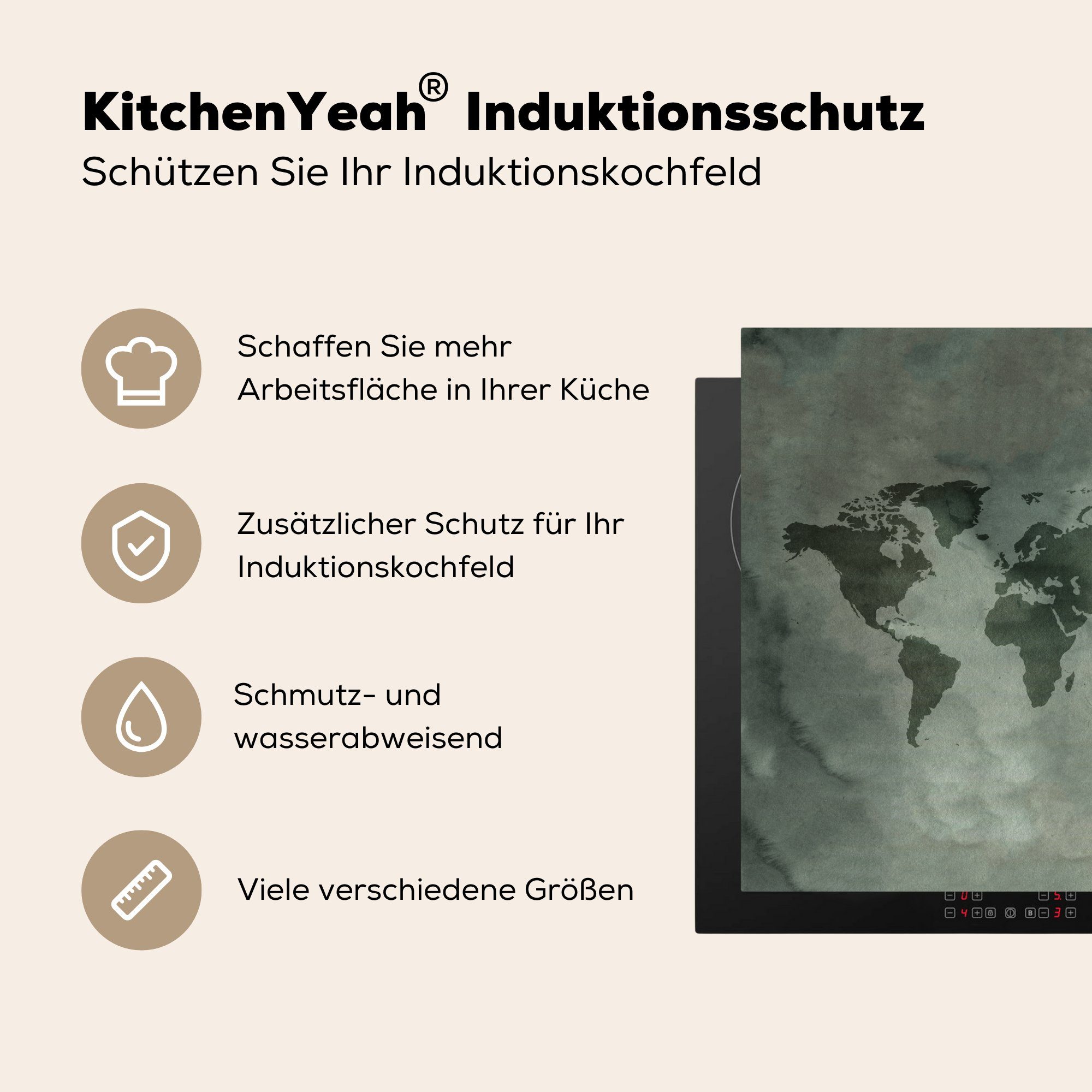 Weltkarte - Herdblende-/Abdeckplatte küche 78x78 cm, MuchoWow - Vinyl, Arbeitsplatte Einfach, für Ceranfeldabdeckung, Grau (1 tlg),