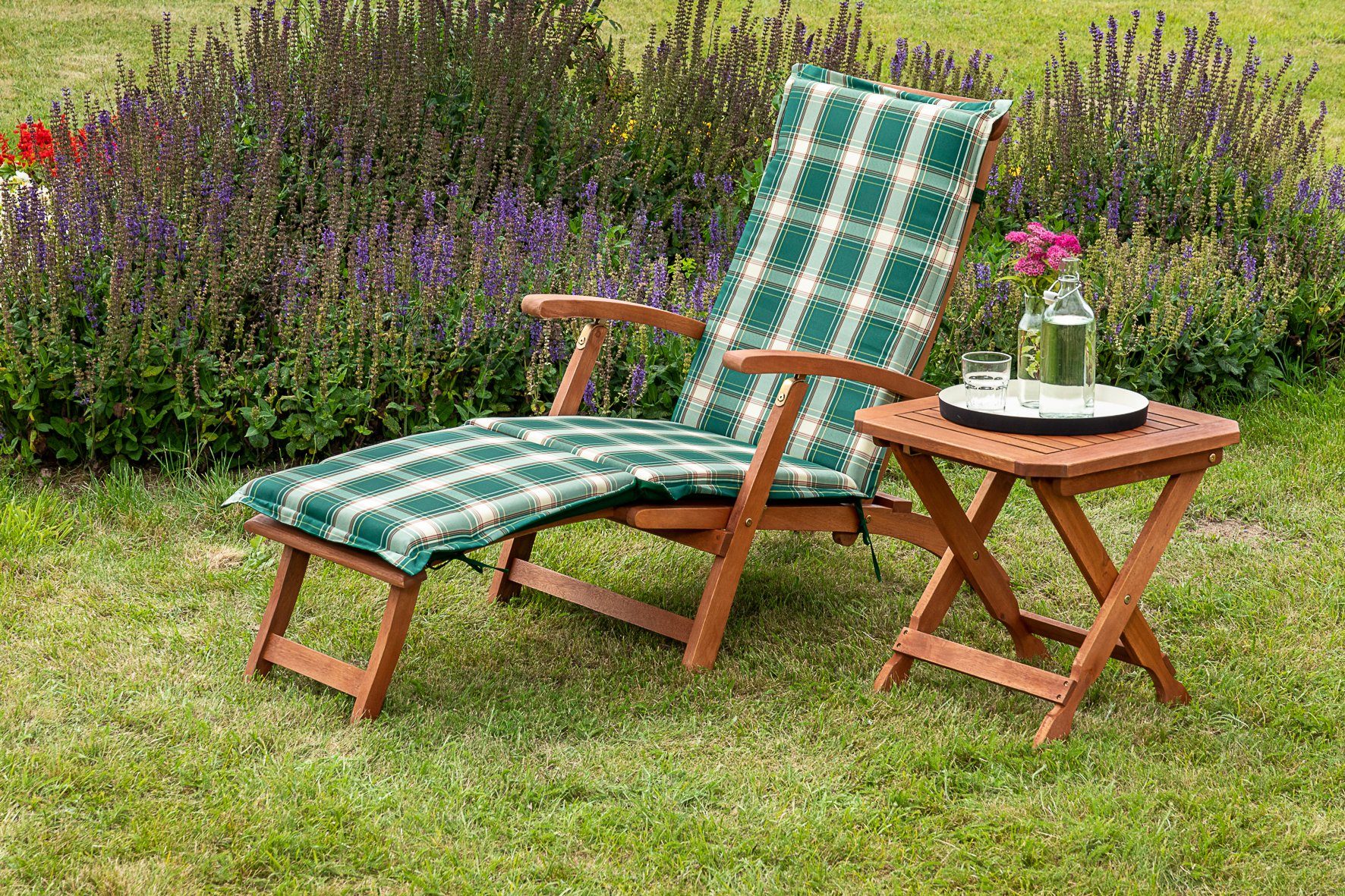 MERXX Gartensessel Deckchair (Set, 3-St., 1x Sessel, 1x Auflage, 1x Klapphocker), inkl. Wendeauflage und Klapphocker