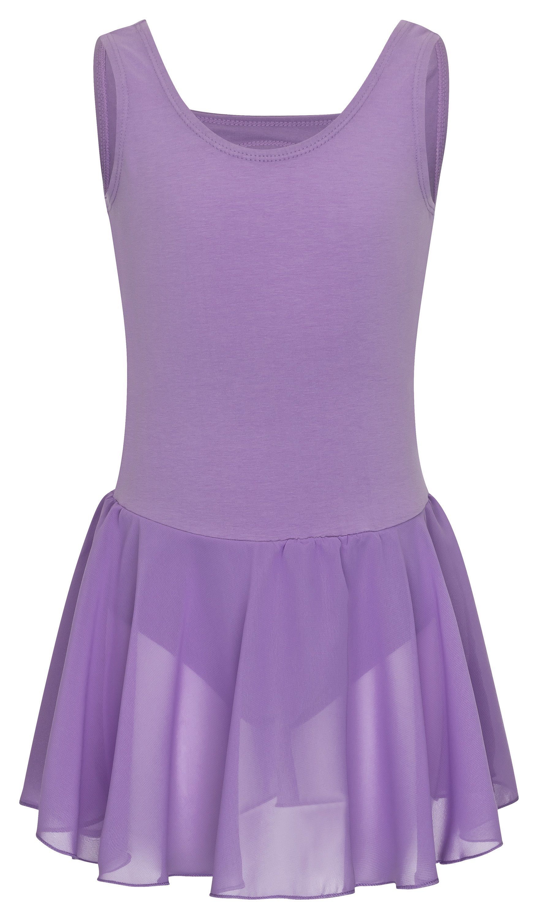 tanzmuster Chiffonkleid Ballettkleid Bella aus weicher Baumwolle Ballettbody mit Schlüssellochausschnitt für Mädchen fürs Kinder Ballett lavendel