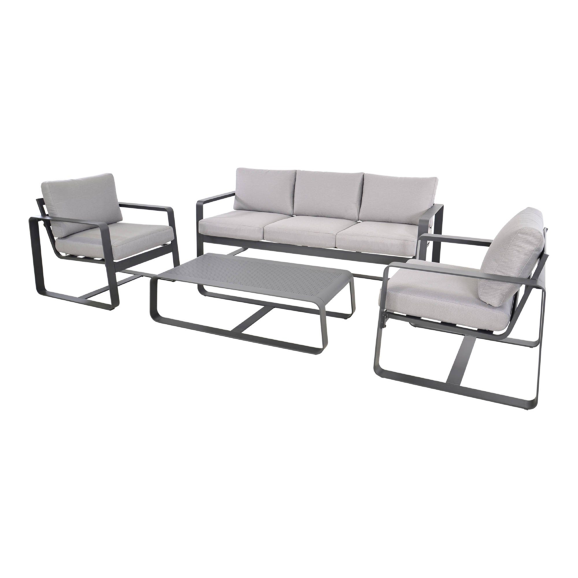 GMD Living Gartenlounge-Set BELEZZA, (Loungeset, 4-tlg., bestehend aus 2 Sessel, 1 Sofa & 1 Tisch inkl. Polsterkissen), pflegeleicht, wasserabweisender Olefin-Bezug, Outdoorgeeignet