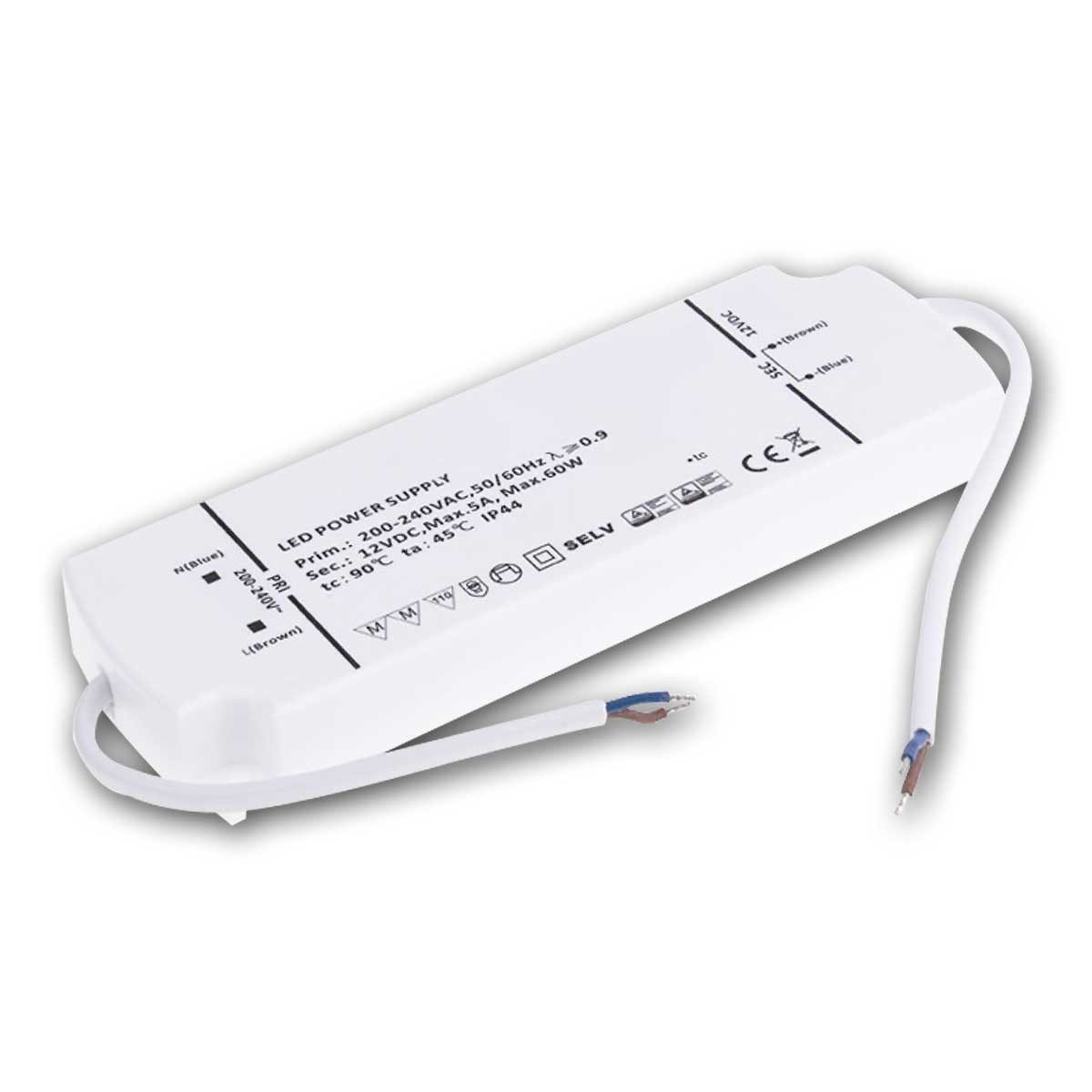 Designlight LED Trafo SLIM IP44, 12V DC 60W, 2x 15cm Kabel LED Trafo