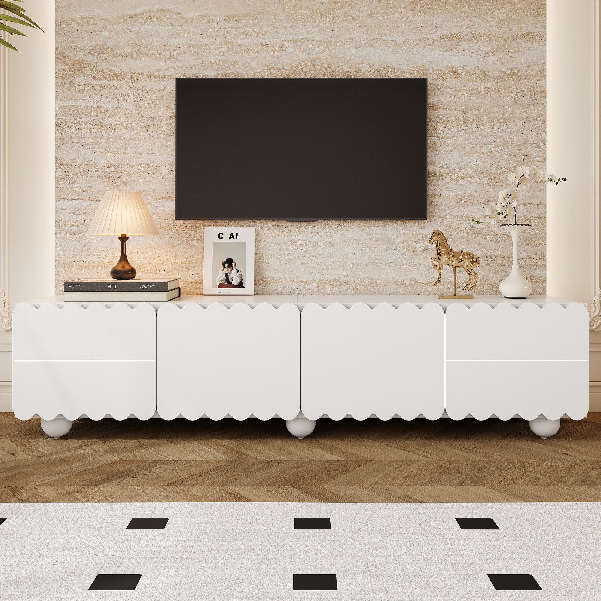 Merax Lowboard mit runden Beinen (1 St), TV-Schrank mit 2 Türen, 4 Schubladen & Stauraum, 175×38×37 cm