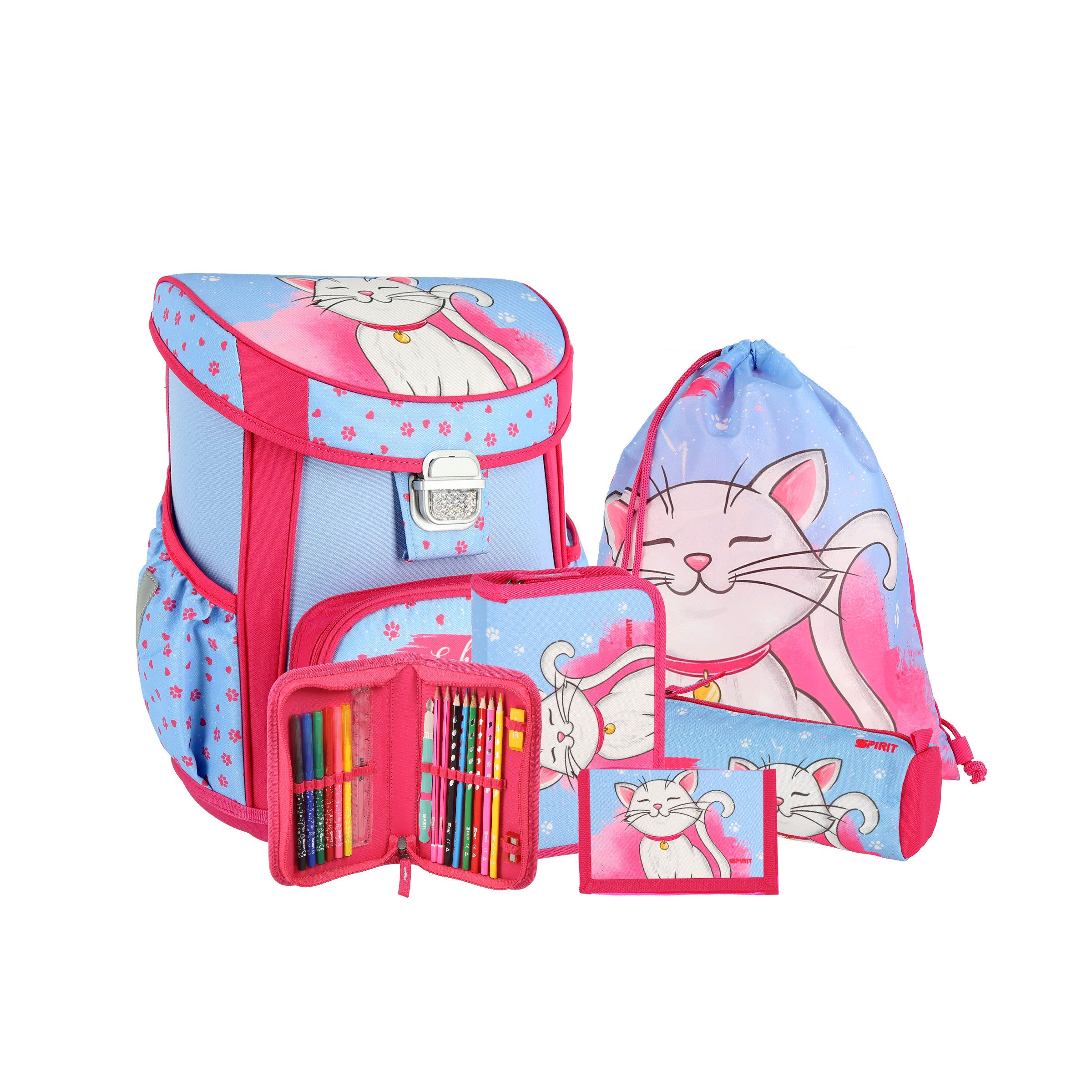 Spirit Schulranzen SPIRIT Schulranzen Set CAT WHITE 5 teilig Serie VISION