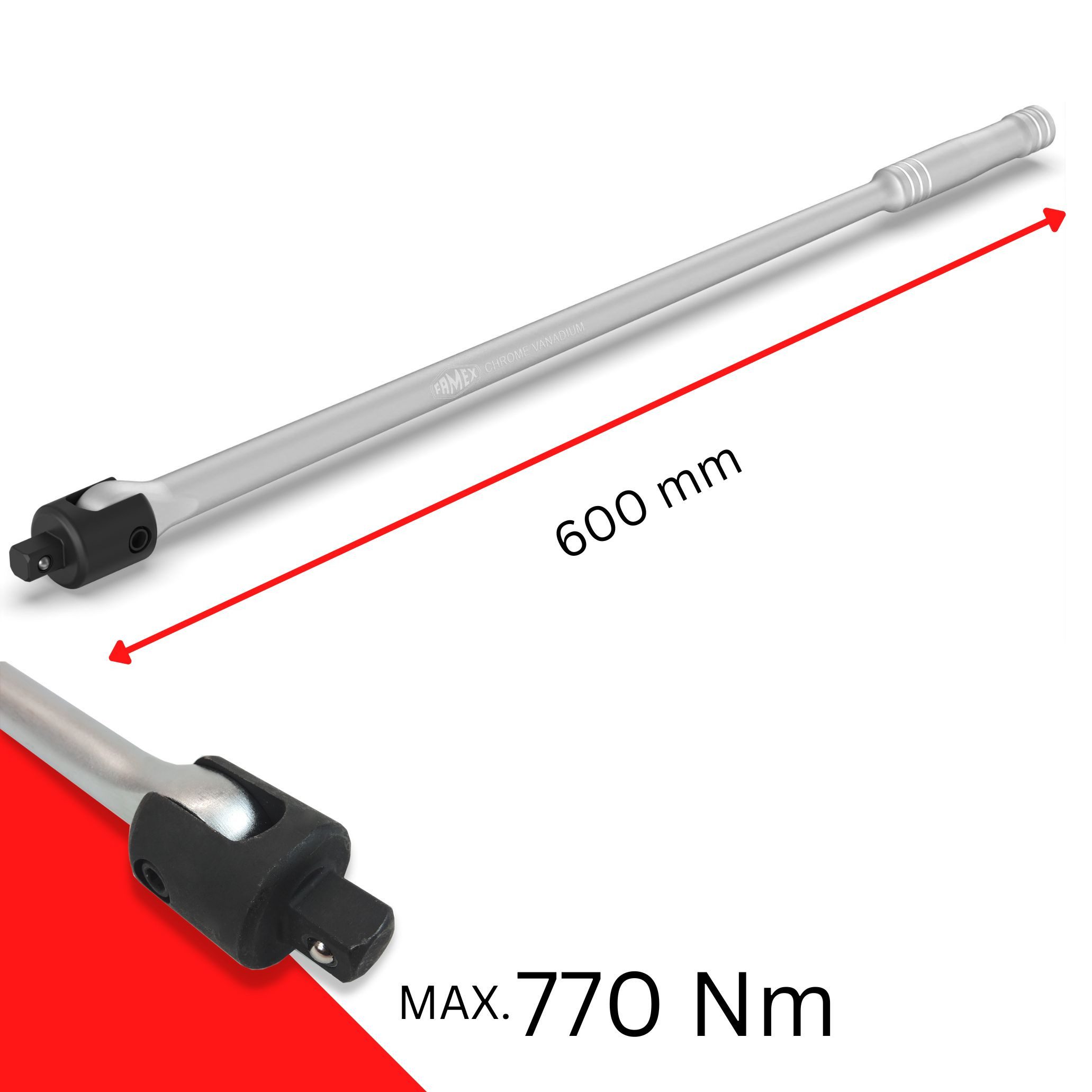 FAMEX Drehmomentschlüssel Gelenkschlüssel extra lang, bis ca. 650 Nm, 60cm, Gelenkgriff