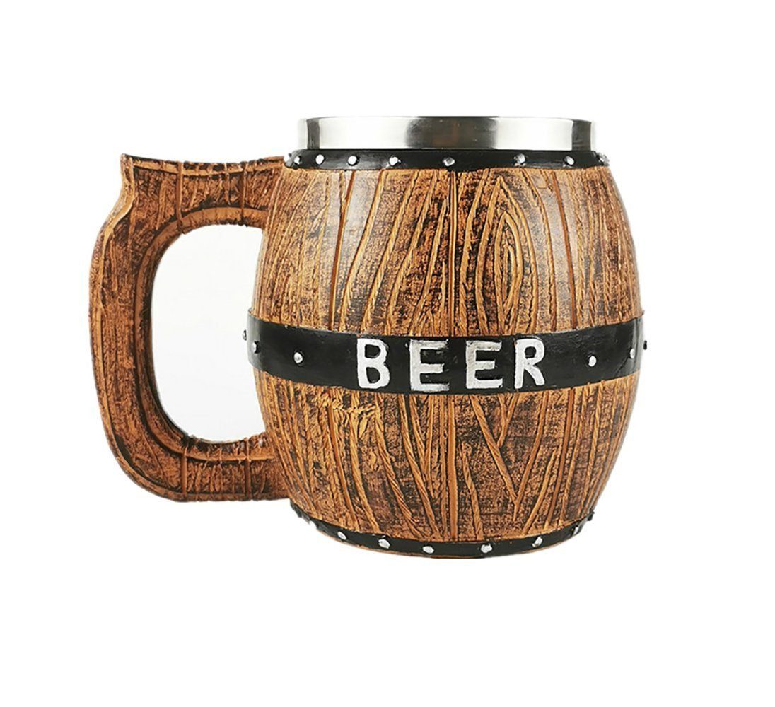 LENBEST Bierglas Retro Große Kapazität Natürliche Edelstahl Holz Bier Kaffee Tasse, Mit Griff Bierkrug aus Holz,Geschenkidee für Bierfreunde, Männer