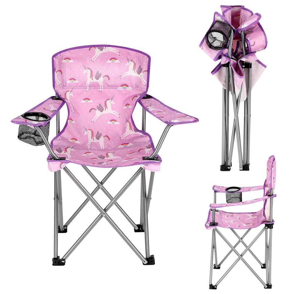 NILS CAMP Angelstuhl Kinderfaltstuhl Campingstuhl (Spar-Set), faltbar mit Tragetasche, Becherhalter, Einhorn-Motiv