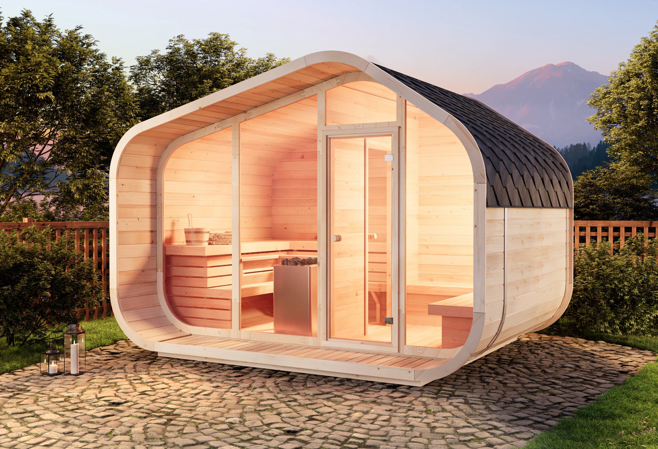 FinnTherm Fasssauna ScandiCube Wave Premium, BxTxH: 380 x 286 x 264 cm, 42 mm, in Natur Mit Zwischenwand