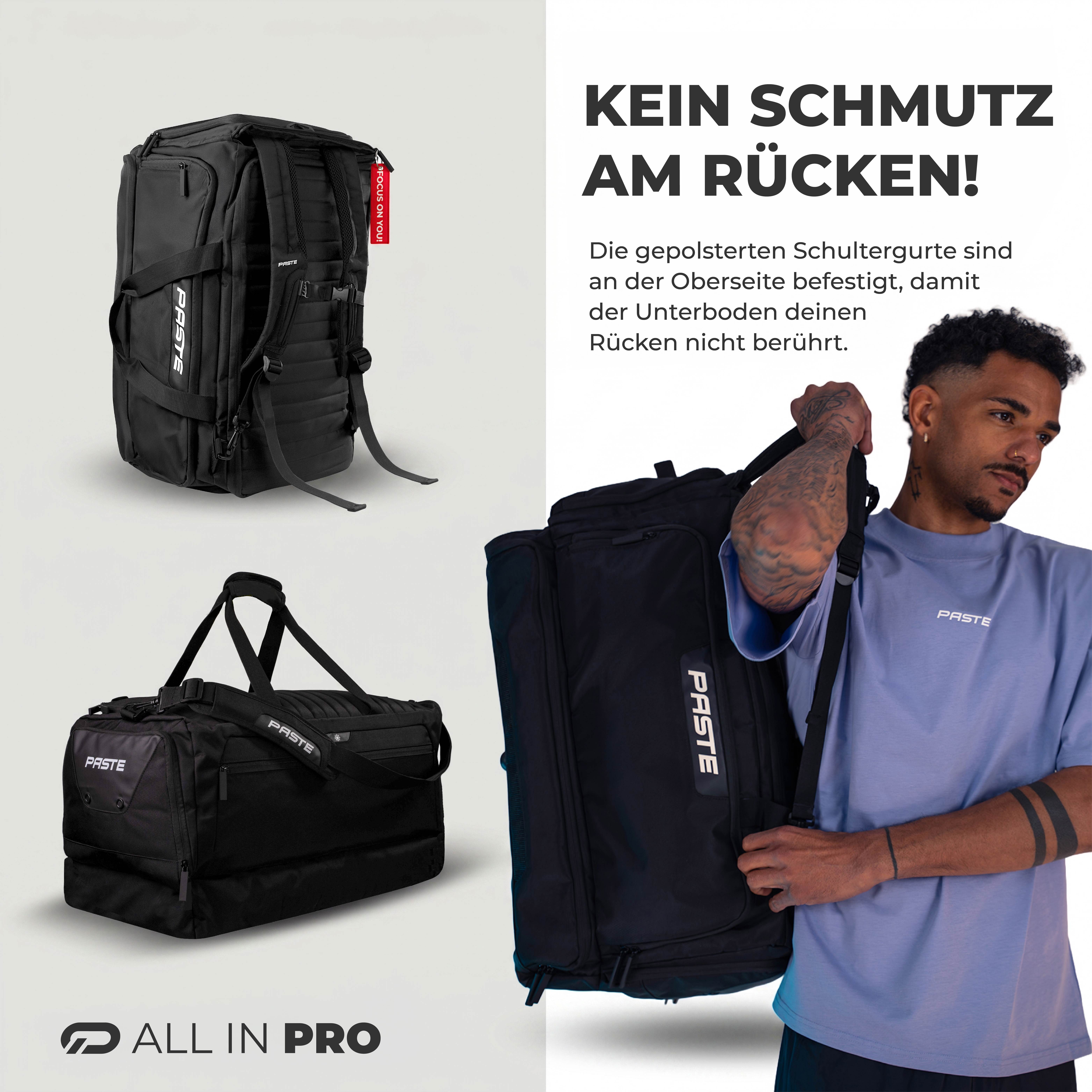 PASTE® Sporttasche & Fitness Tasche XL 68L Schuhfach, Rucksackfunktion & Kühlfach Fußball (ALL IN PRO, in Schwarz), Trainingstasche & Fußballtasche für Damen & Herren