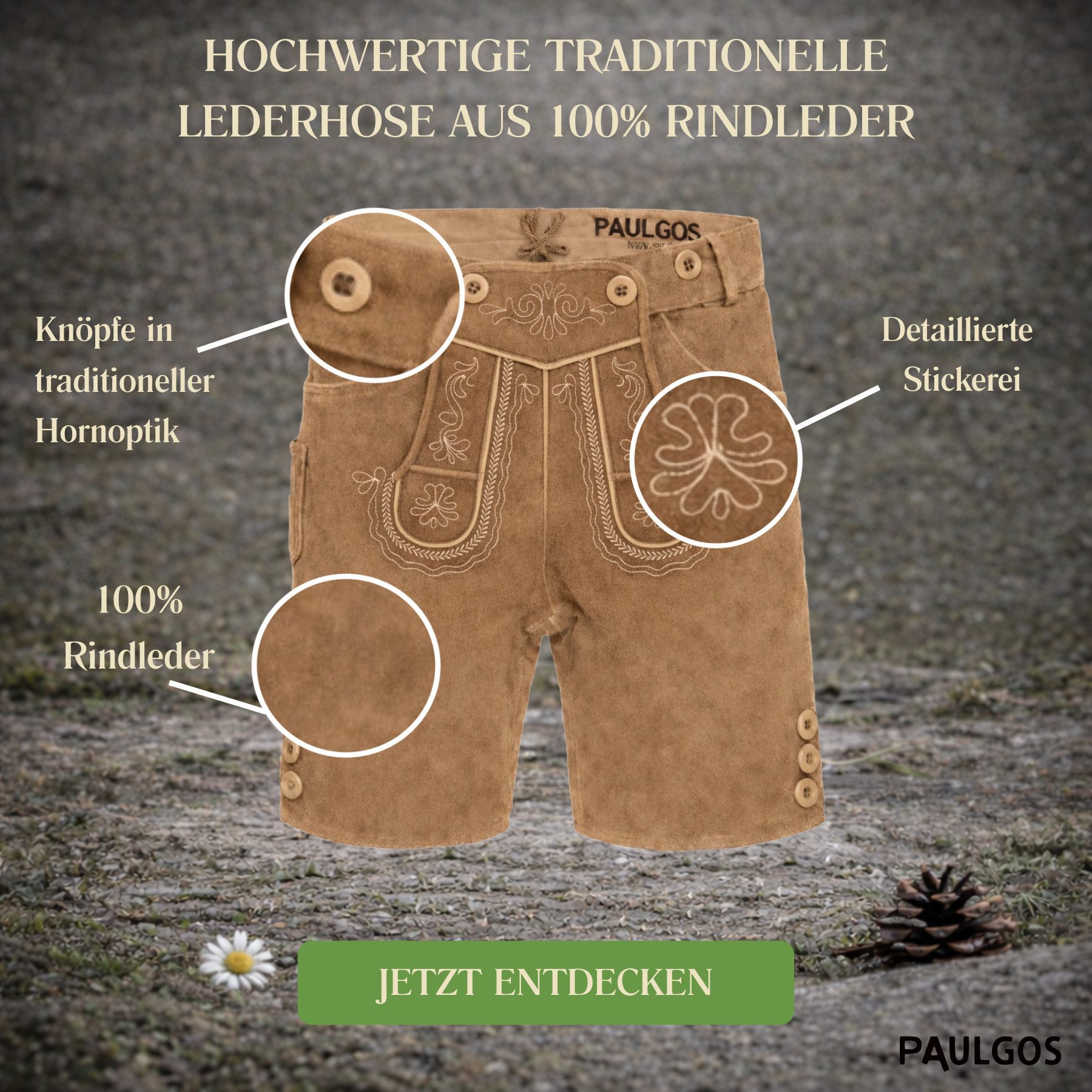 PAULGOS Trachtenhose Herren Lederhose Kurz mit Trägern 100% Echtleder - HK2 – Bild 3 von 5