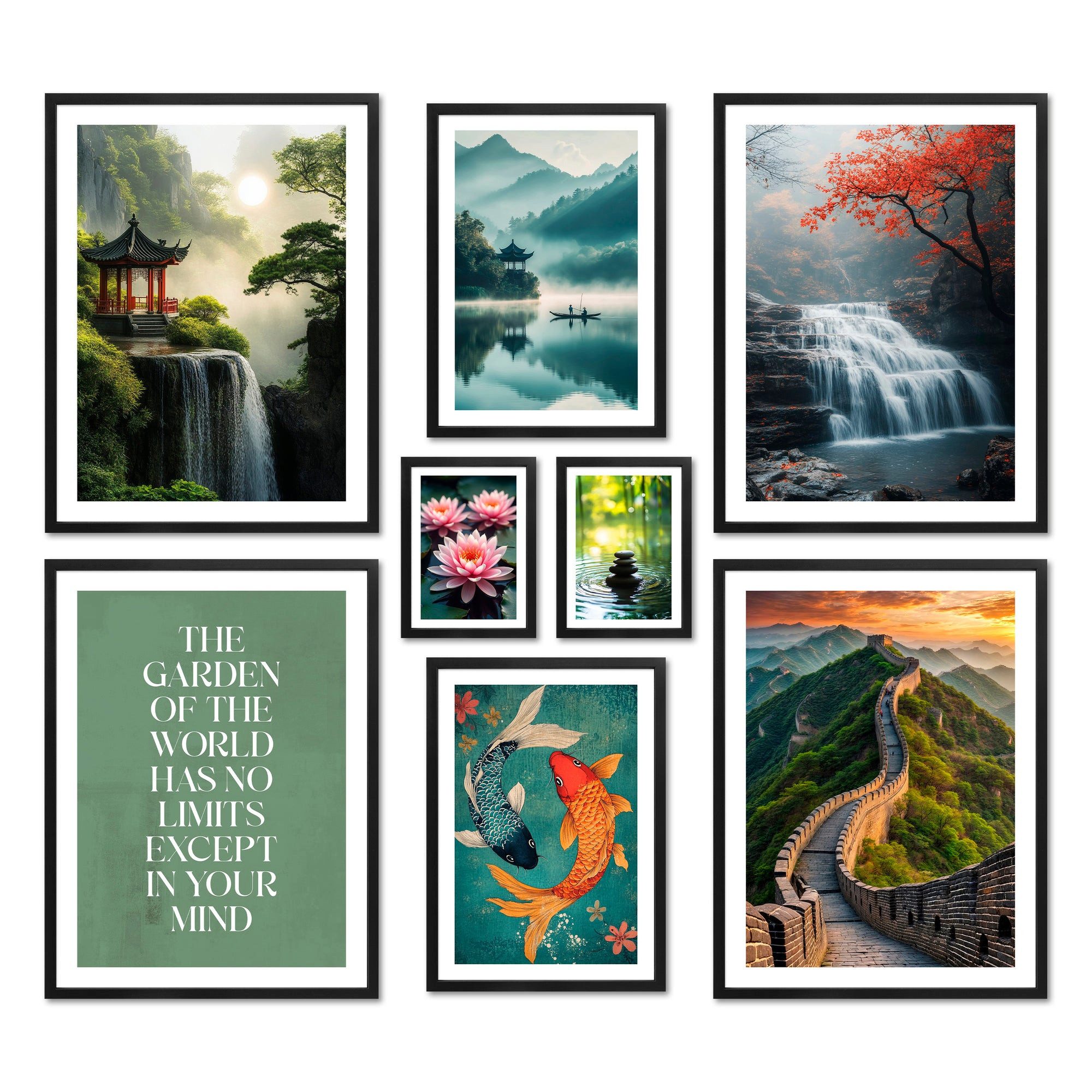 ARTFAVES Bilder-Collage Poster Set - Feng Shui - Deko Wandbilder feng shui, china, wasserfall, (Wandbilder modern, 8 St)