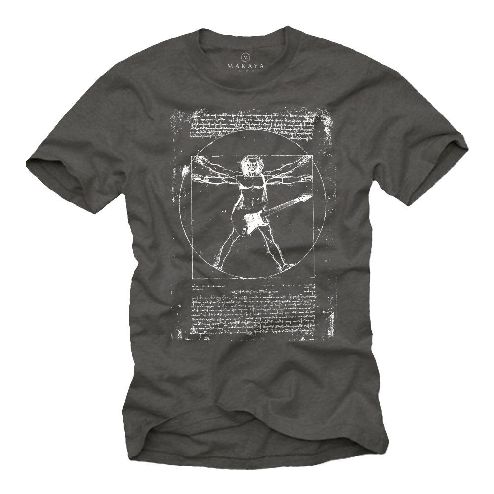 MAKAYA Print-Shirt Vinci Jungs Geschenk Da Dunkelgrau Männer Musik Gitarre Baumwolle aus Herren Bandshirt Frontprint, T-Shirt