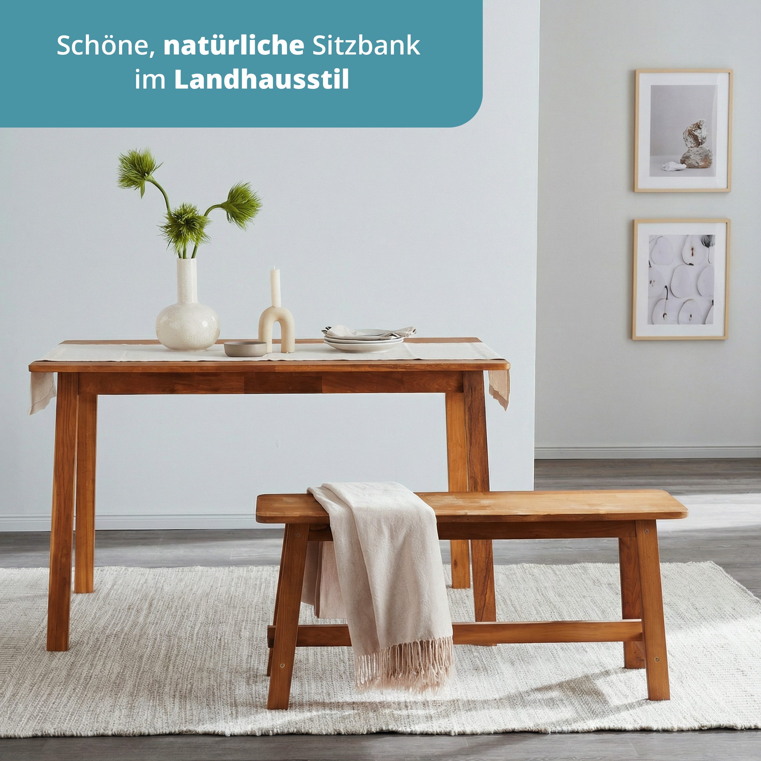 KHG Sitzbank Dekobank für 1-2 Personen, Skandi Look, bis 200 kg belastbar, geölt, atmungsaktiv, Massivholzgestell