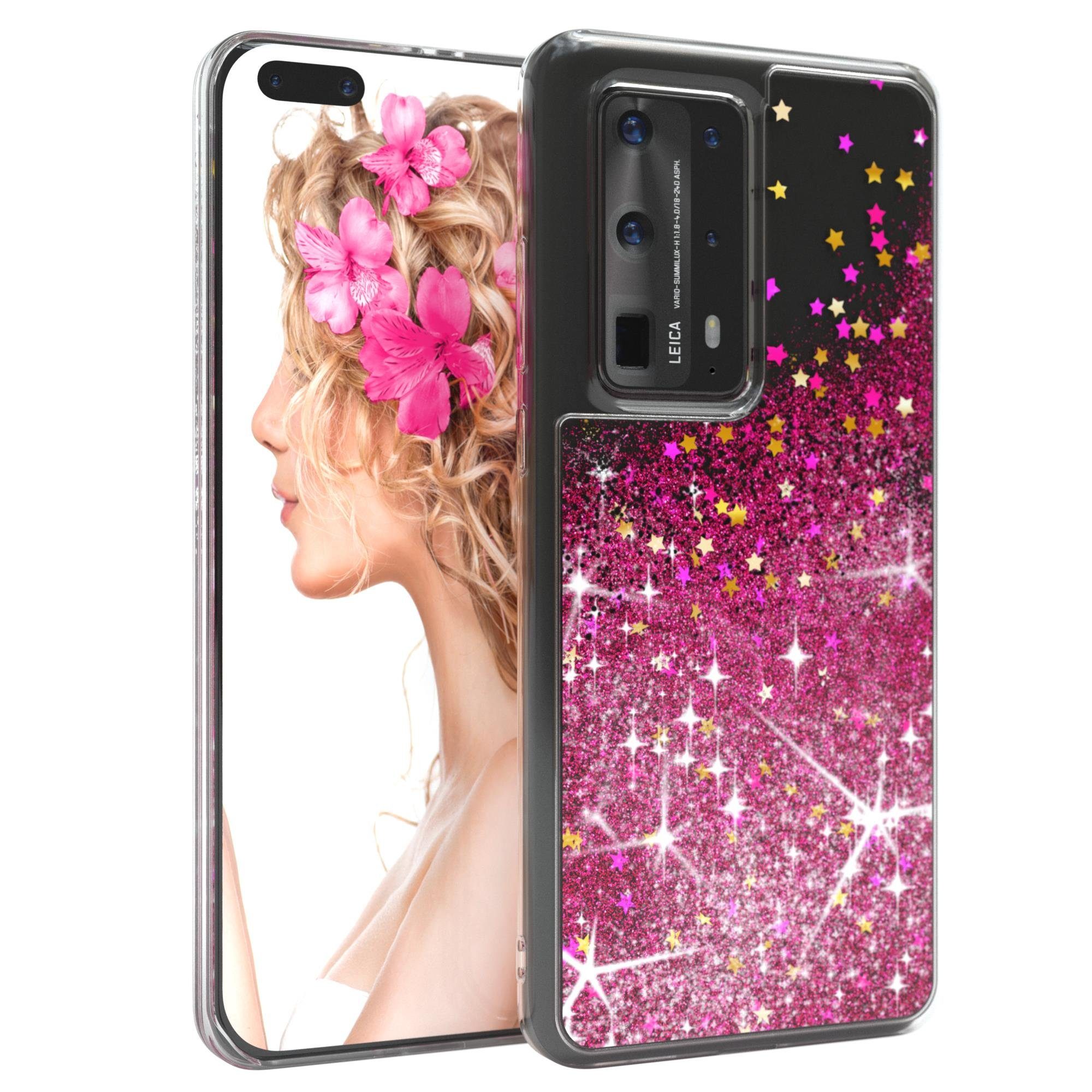 EAZY CASE Handyhülle Liquid Glittery Case für Huawei P40 Pro Plus 6,58 Zoll, Glitzerhülle Shiny Slimcover stoßfest Durchsichtig Bumper Case Pink