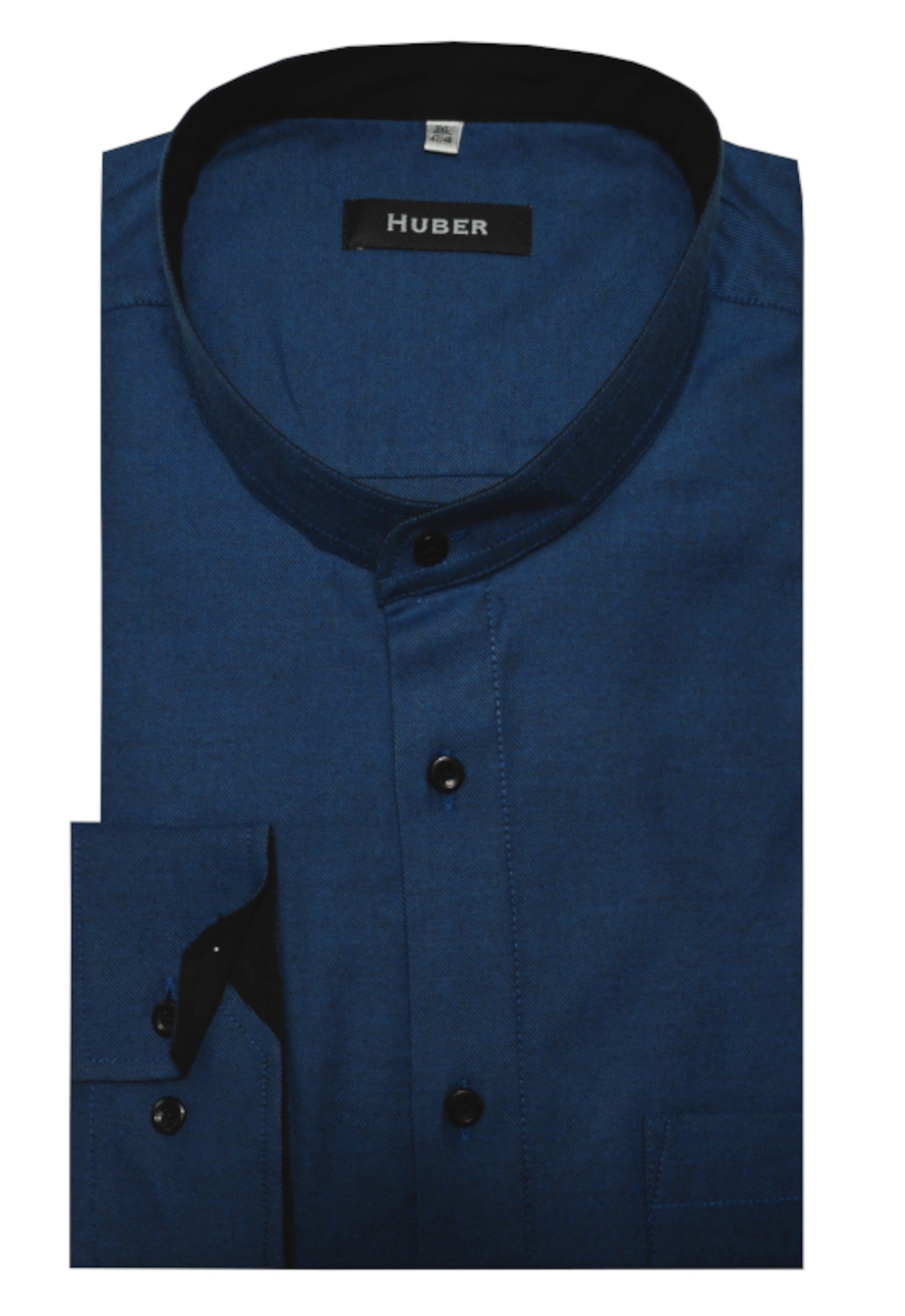 Huber Hemden Langarmhemd HU-0095 Stehkragen, weicher Twill, Regular Fit-gerader Schnitt, Made in EU blau