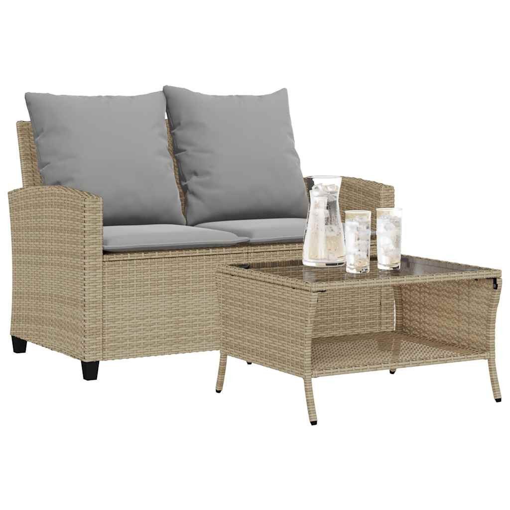 vidaXL Loungesofa Gartensofa 2-Sitzer mit Kissen & Tisch Beige Poly Rattan, 1 Teile