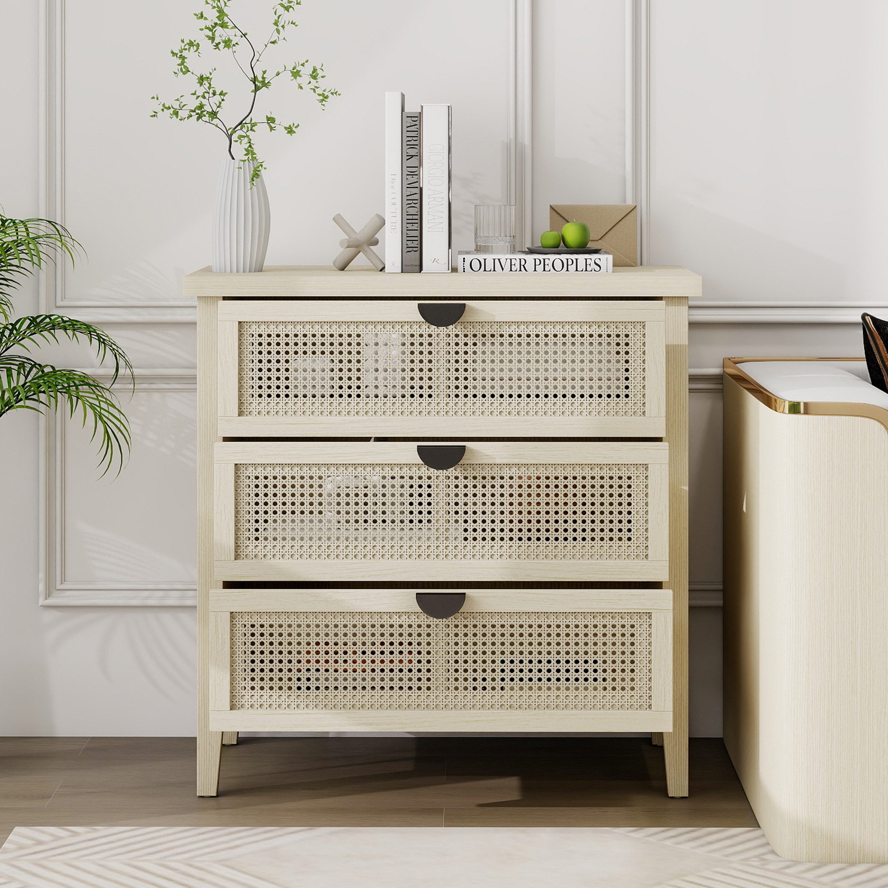 Odikalo Kommode Beistellschrank in Naturholzoptik Geeignet für Wohnzimmer Beige (dreischubladiger Stauraumschrank mit austauschbaren Schubladenfronten aus Waben-Rattangeflecht)